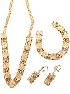 24K Gold Plated Arabic Muslim Allah Coin Earring Bracelet Necklace Sets for Wedding Jewelry