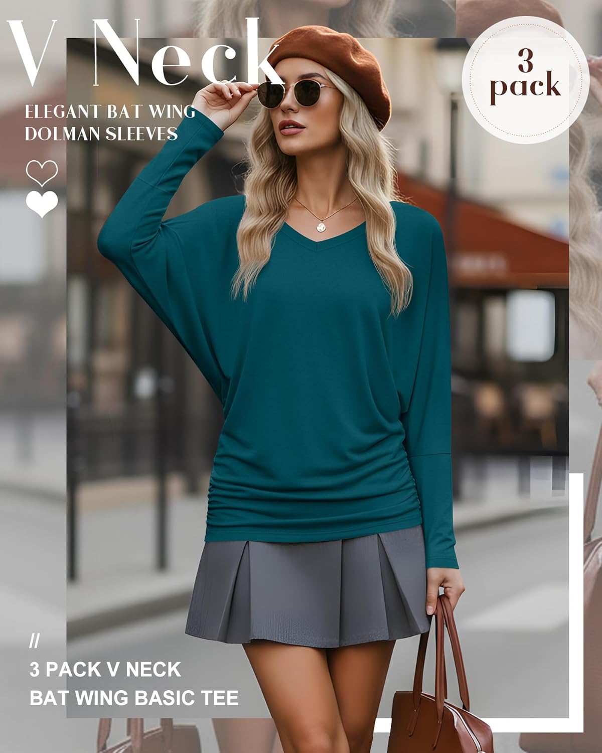 3 Pack Women's Dolman Long Sleeve Tops Casual Flowy Draped Side Ruched Shirts V Neck Lightweight Bat Wing Basic Tee - Image 3