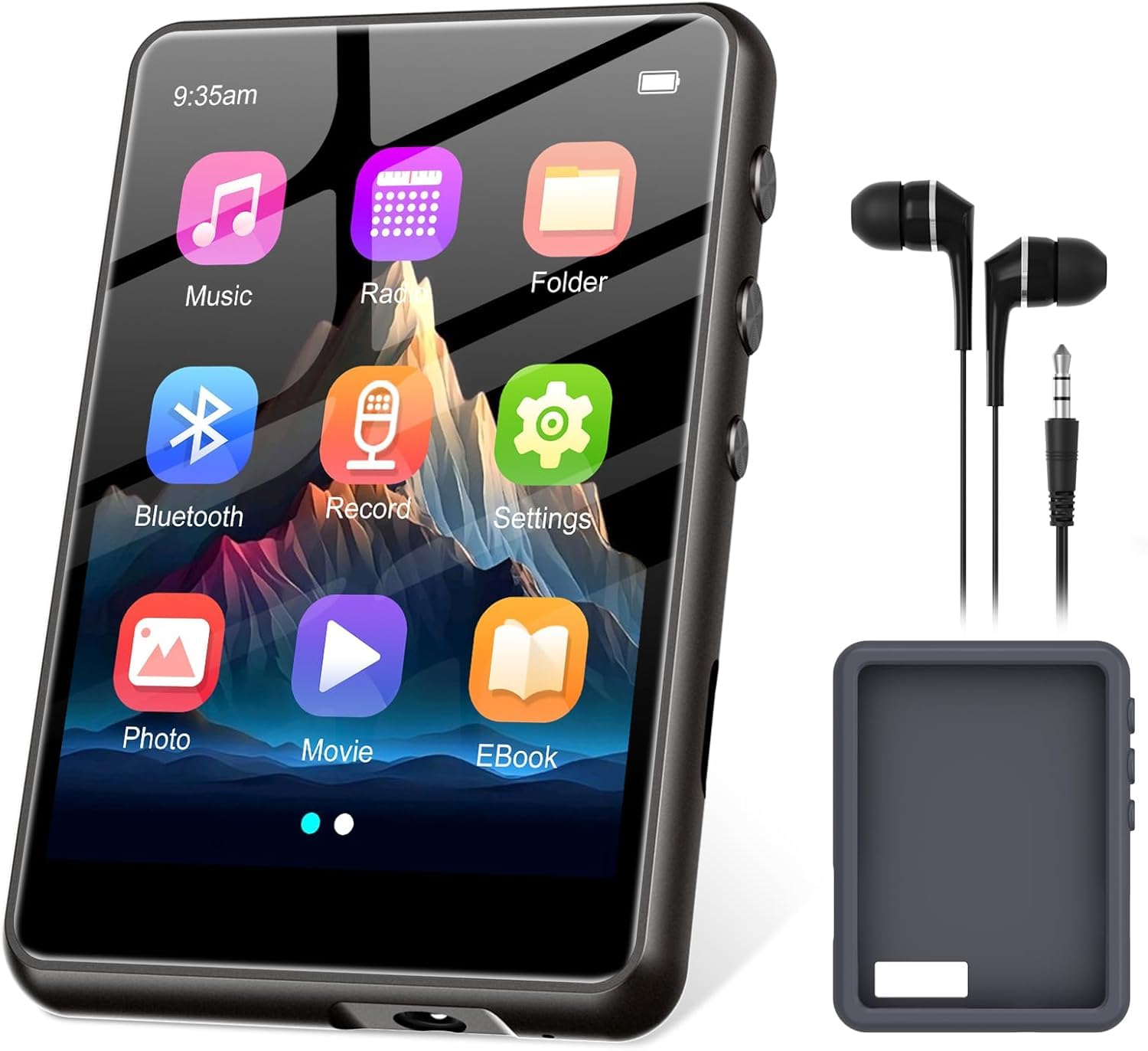 Lettore MP3 128GB Bluetooth 5.3, ZAQE 2,4” Full Touchscreen Lettore MP3 sportivo portatile, Altoparlanti integrati ad alta definizione, Radio FM, Registrazione, Line-In, Suono HiFi, fino a 512GB, Nero