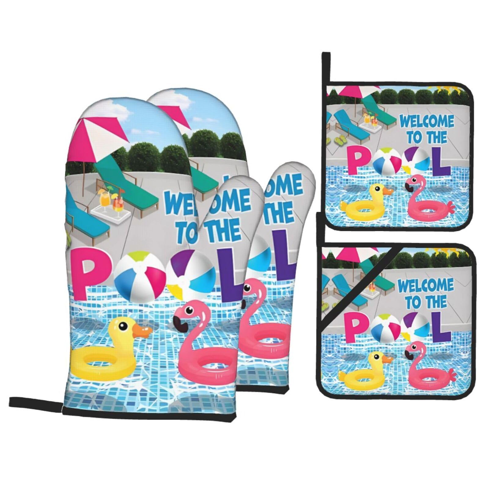 WHJSHOP Flamingo and swimming pool Prints Kitchen Baking Throw Set with Heat Resistance, Waterproof Oven Mitts & Pot Holders for Cooking, Grilling & Handling Hot Dishes