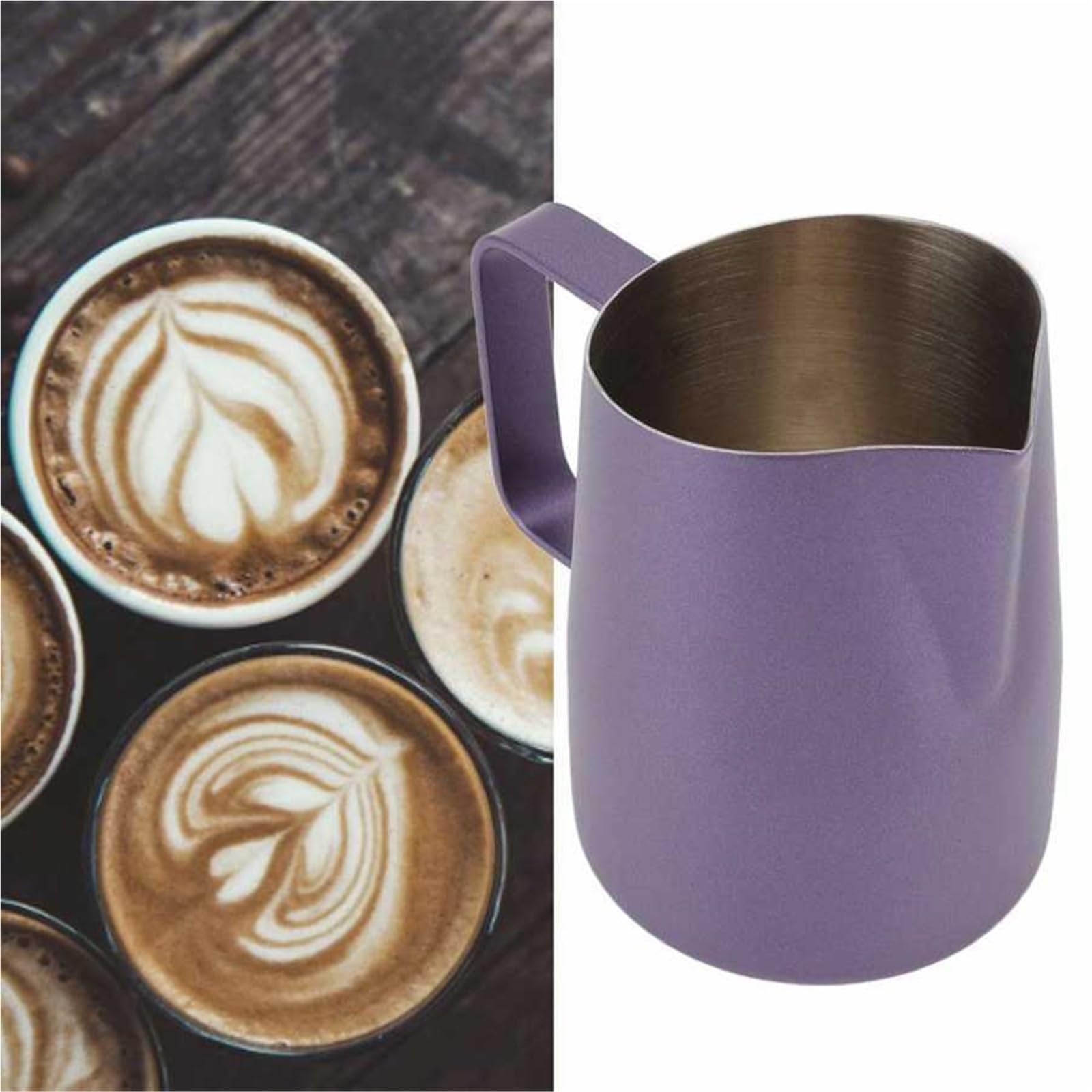 Brocca Per Schiuma Latte 600ml Acciaio Inox Con Penna Per Latte Art E Manico Effetto Legno
