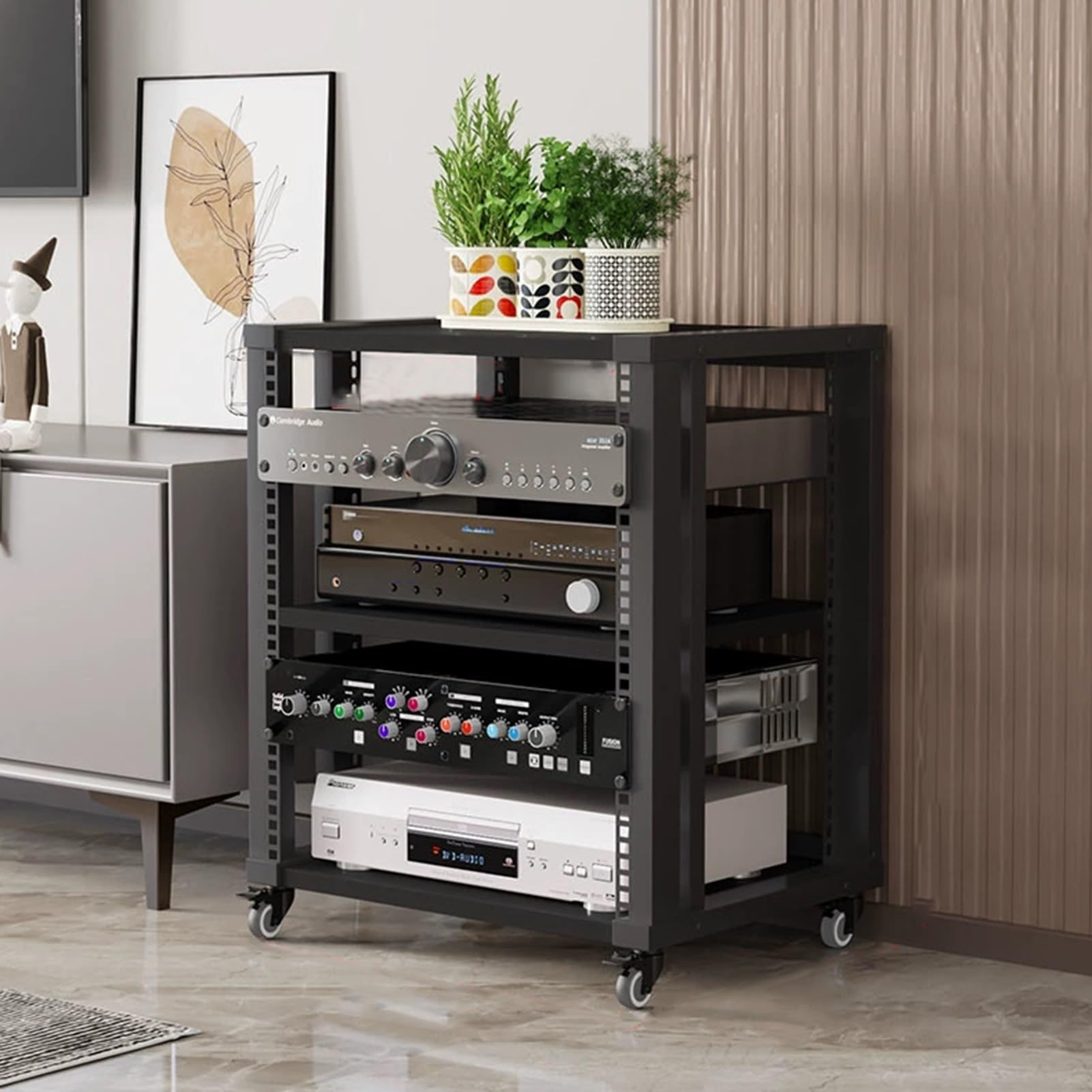 3-poziomowy stojak na multimedia AV z kółkami, regulowane półki Szafka stereo na konsolę Audio Rack Tower, do kina domowego(Brown2)