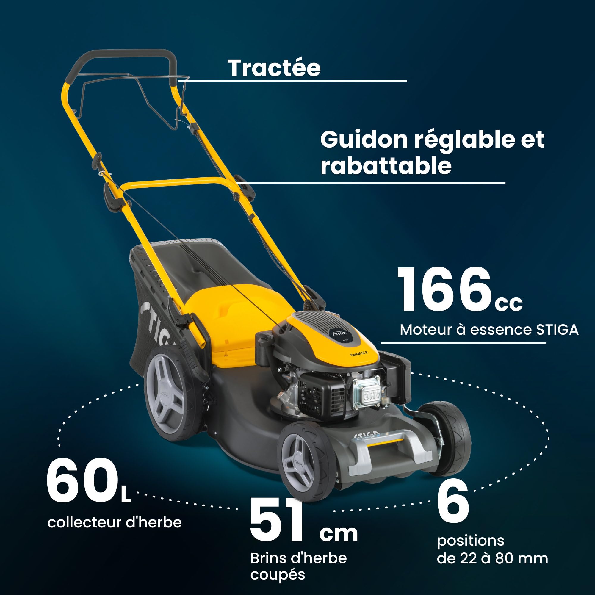 STIGA Combi 53 S a Tondeuse Thermique, 166 CC, 51 cm – Bac 60 l, Système 3-en-1 – Pelouses Moyennes et Grandes