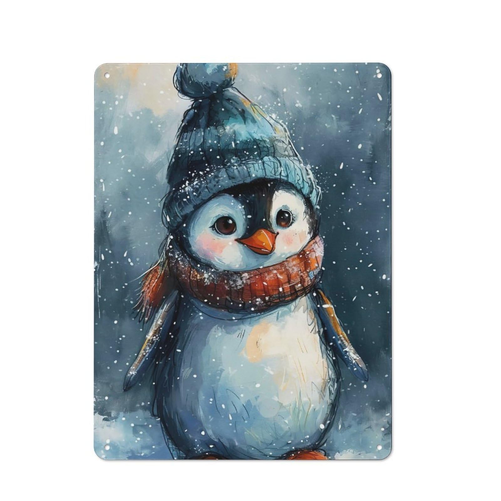 Decorative Metal Plaque with Penguin Watercolor Design 40x30cm, Casual Utility Space Decor for Patio Bar, Workshop, Shed Or Kitchen