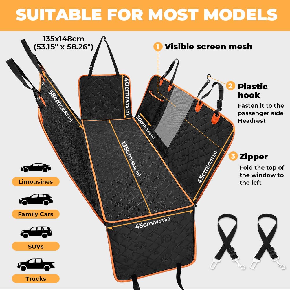 KYG Funda Coche Perro con Funda Extraíble Adicional Cubre Asientos Coche Perro Impermeable y Resistente Protector Asiento Trasero con Ventana de Malla, Fácil de Limpiar, Resistente a Los Arañazos