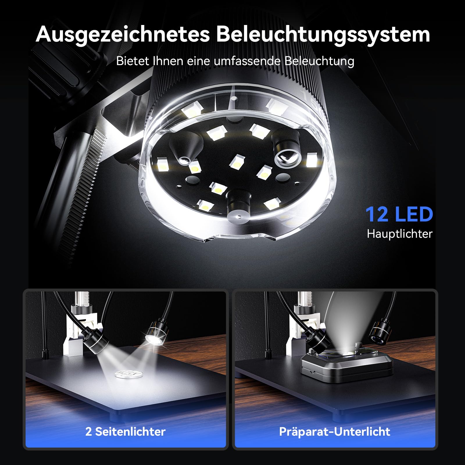 TOMLOV TriL110 10,1" IPS Mikroskop mit 3 Objektiven, Lötmikroskop mit LED | Drehbarer 3-Objektivwechsel, 2K Videos & 24MP Fotos Aufnehmen, 2500X, Ganze Münzen, 14 LEDs, PC/TV-Kompatibel