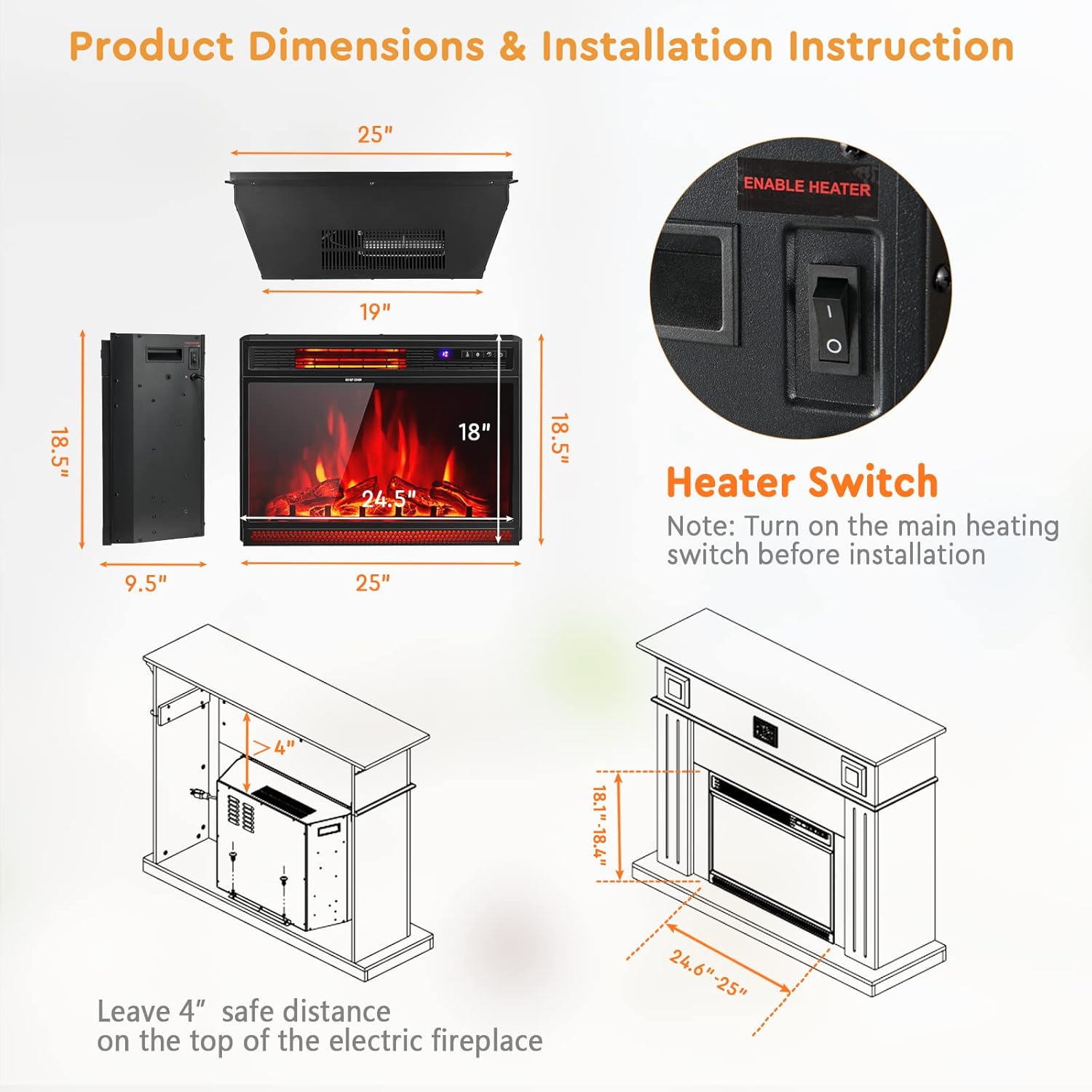 Diagram showing product dimensions and installation instructions, including a heater switch detail.