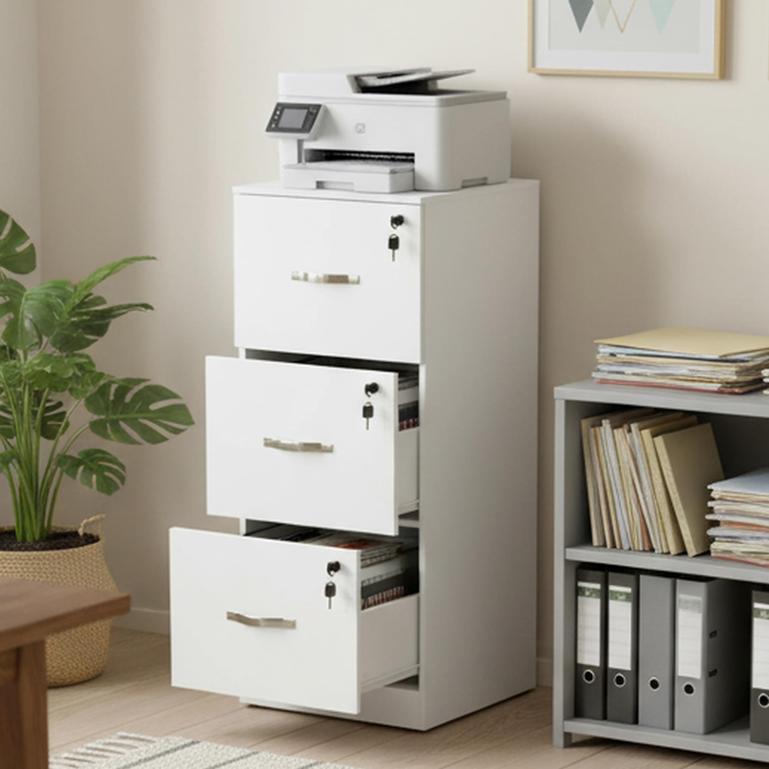 buybyroom Cajonera Oficina, Cajonera Escritorio con 3 Cajones Cerradura y Llaves, Multiusos Armario Archivador con Barras Colgantes para Oficina Escritorio Casa,103.5cm Alto, Blanco