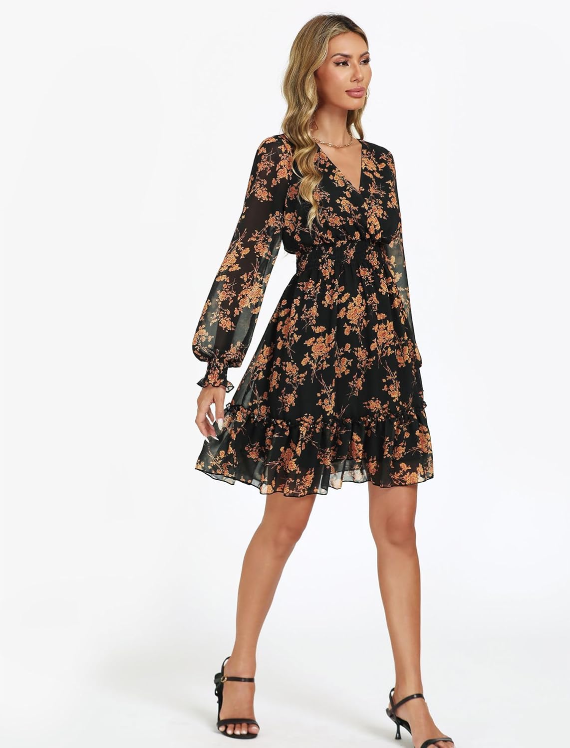 Prettywear Women's Floral Chiffon Long Sleeve Mini Dress Flowy A-Line Wrap Neck Tie Back Short Dress - Image 2