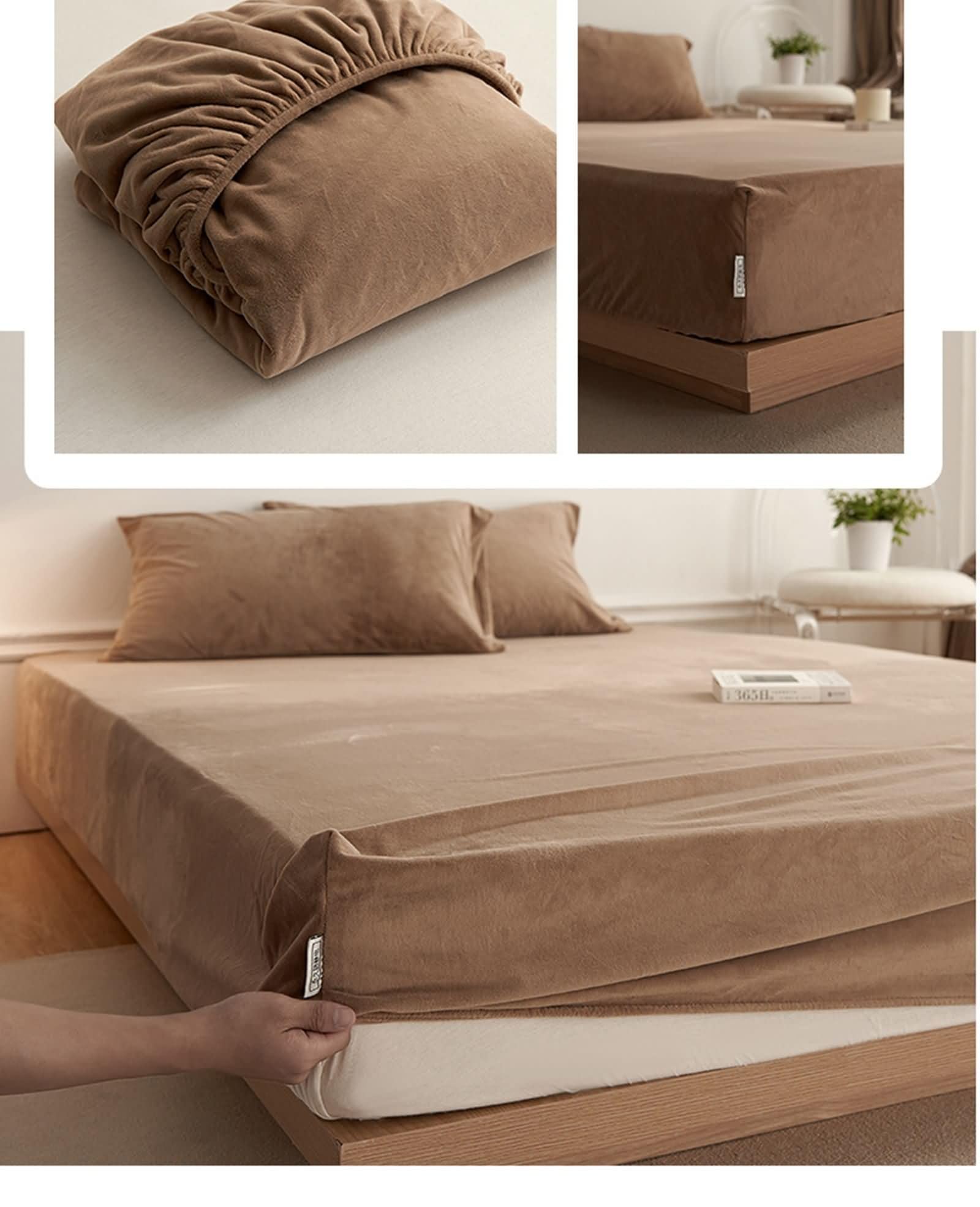 KnSam Prześcieradło z gumką 180 x 200 cm + 40 cm do przechowywania, jednokolorowe, aksamitne, odporne na zagniecenia i blaknięcie, narzuta dzienna, khaki, do łóżka kontynentalnego i łóżka wodnego
