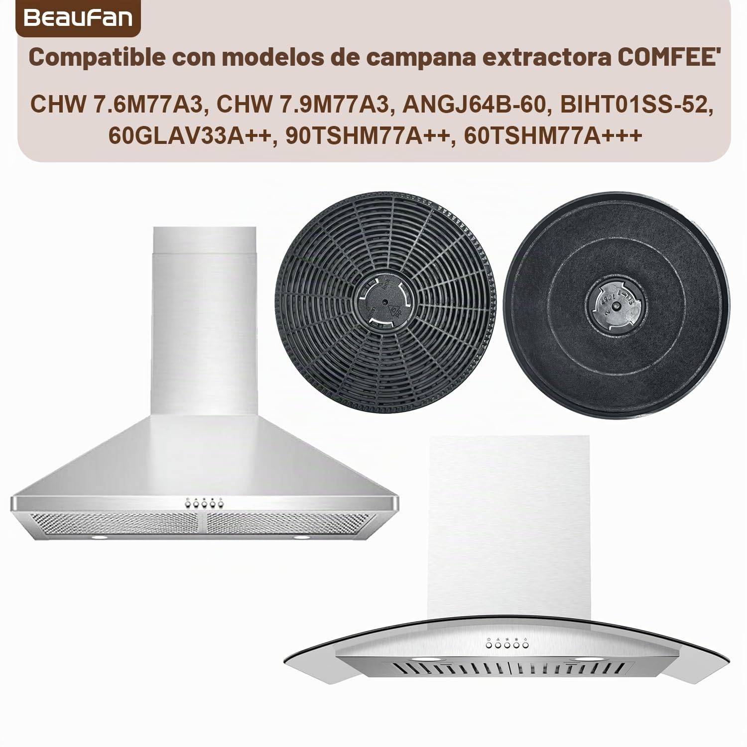 4 filtros de carbón activo CF03 compatibles con los modelos de campana extractora COMFEE: CHW 7.6M77A3, CHW 7.9M77A3, ANGJ64B-60, BIHT01SS-52, 60GLAV33A++, 90TSHM77A++, compatible con Respekta MIZ4000