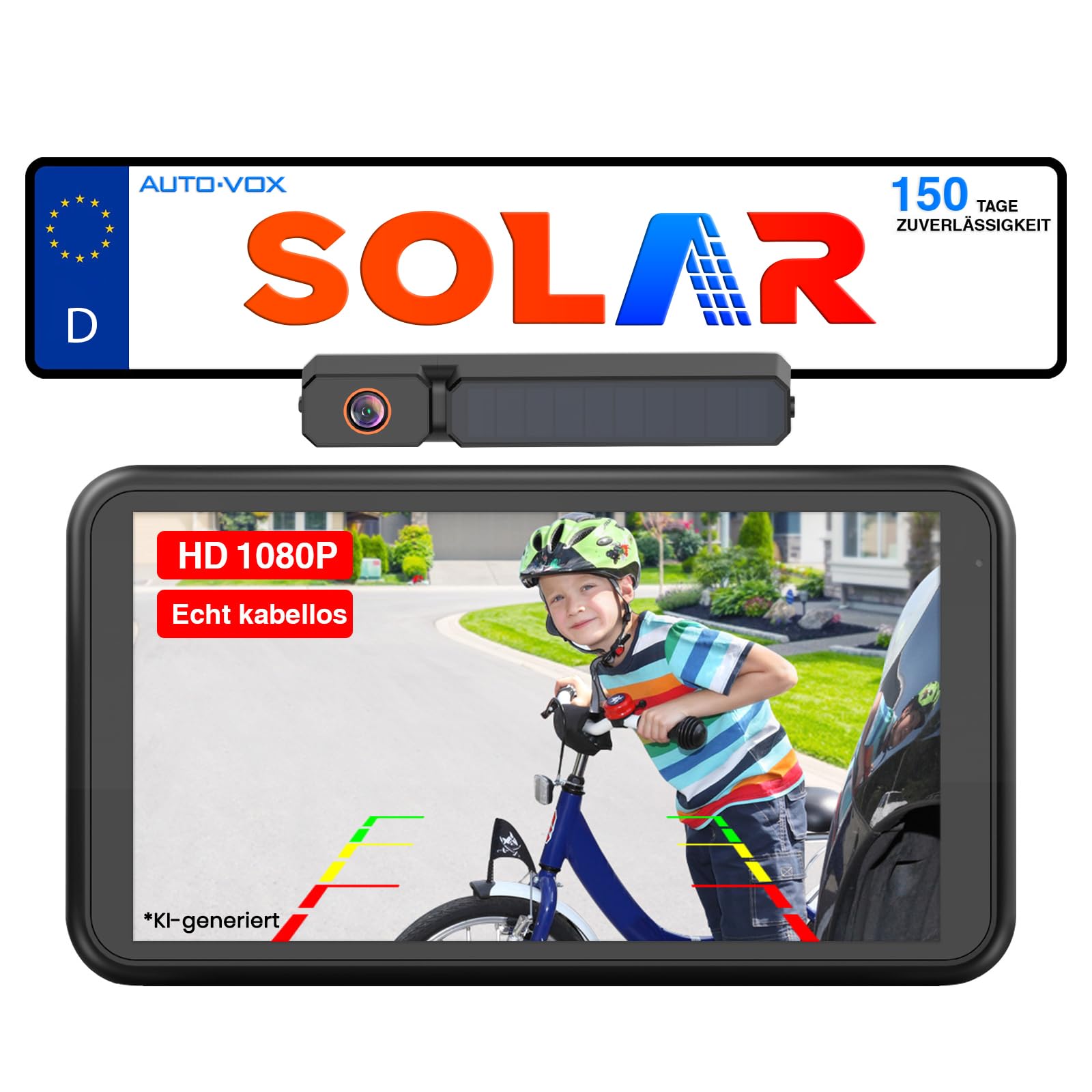 AUTO-VOX Solar Rückfahrkamera Kabellos mit 5 Zoll 1080P Monitor | 5000mAh Akku 2 Mins DIY Installation & Dual-Split, IP69K Wasserdicht Rückfahrkameras für Auto, LKW, Van, SUV, Wohnmobil