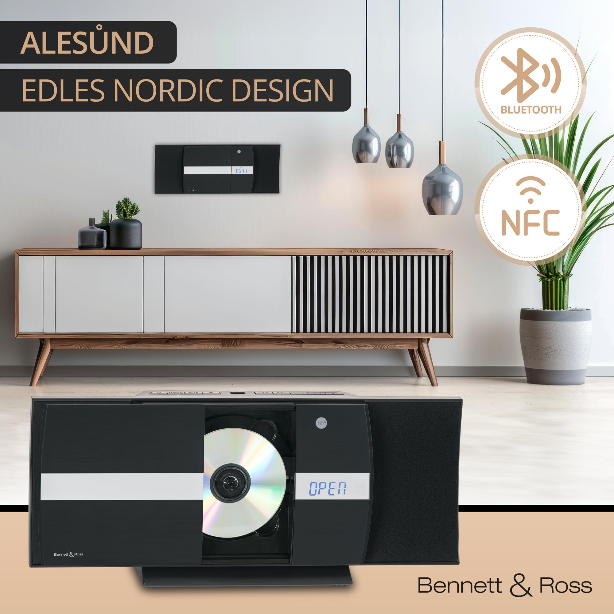 Bennett & Ross Ålesund Impianto stereo verticale - Microchaîne hi-fi avec lecteur CD, MP3, fonction UKW, USB et Bluetooth avec NFC - Installation sur pied ou murale - Telecomando incluso - Nero