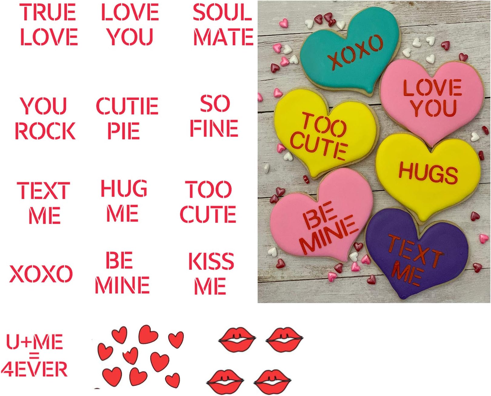 Conversation Hearts Cookie Stencil or Number Cookies Stencils with Letter, Love Phrase Sign and Other Pattern Stencils