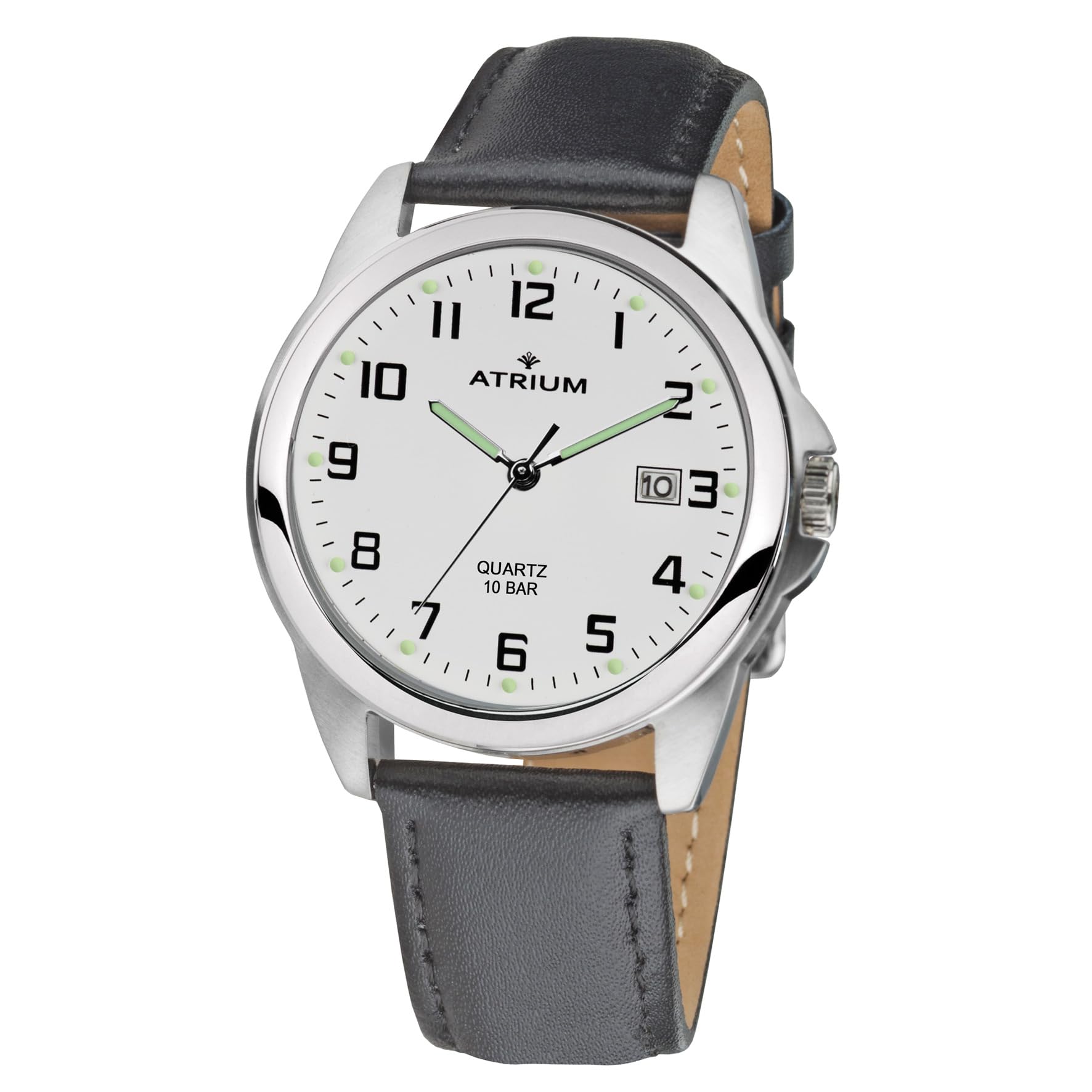 Atrium Herren-Armbanduhr Edelstahl Analog Quarz 10 bar mit Datum, Leuchtzeiger, sehr deutliches Zifferblatt Weiß und Lederband schwarz A16-10