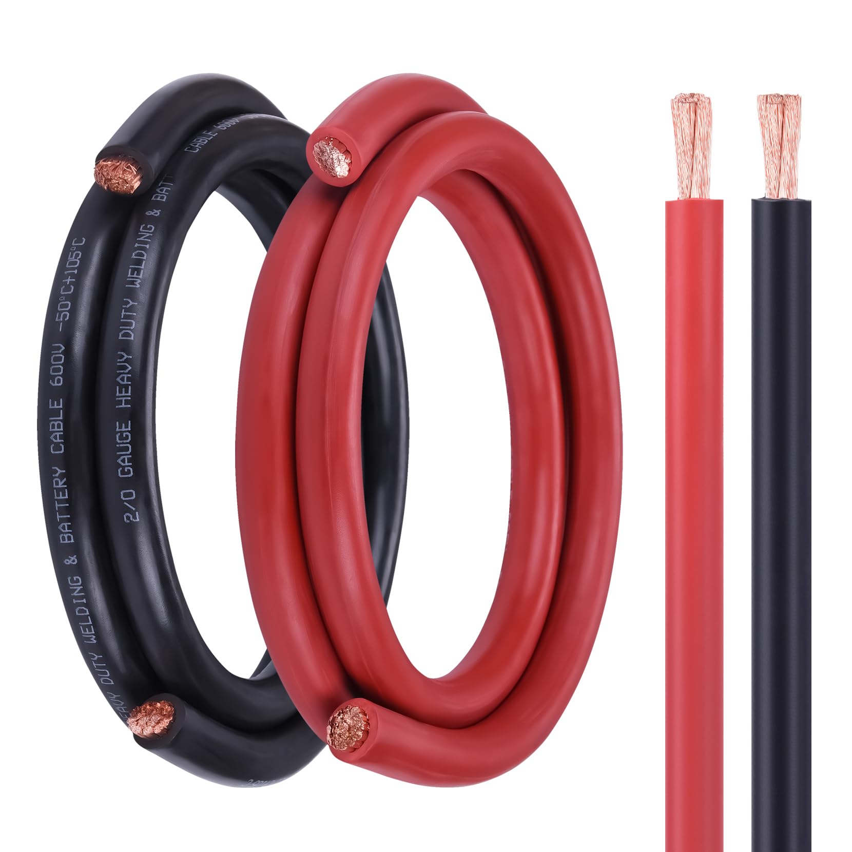 2/0 Battery Cable, 5FT Red + 5FT Black 2/0 Welding Cable, Stranded Oxygen-Free Pure Copper Wire for Automotive, Battery, Solar, Marine and Generator