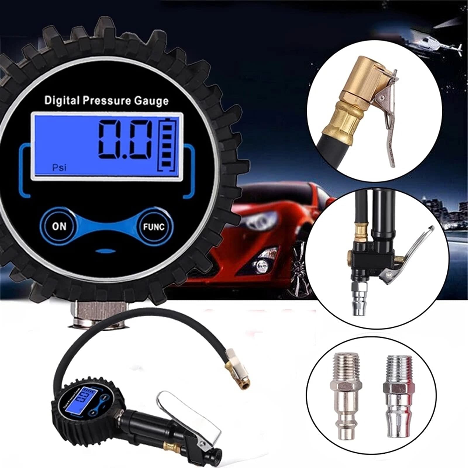 Inflador de neumáticos Digital 0-200PSI con manómetro con 4 Tapas de válvula Indicador de inflado de neumáticos de Acero con Manguera de Goma