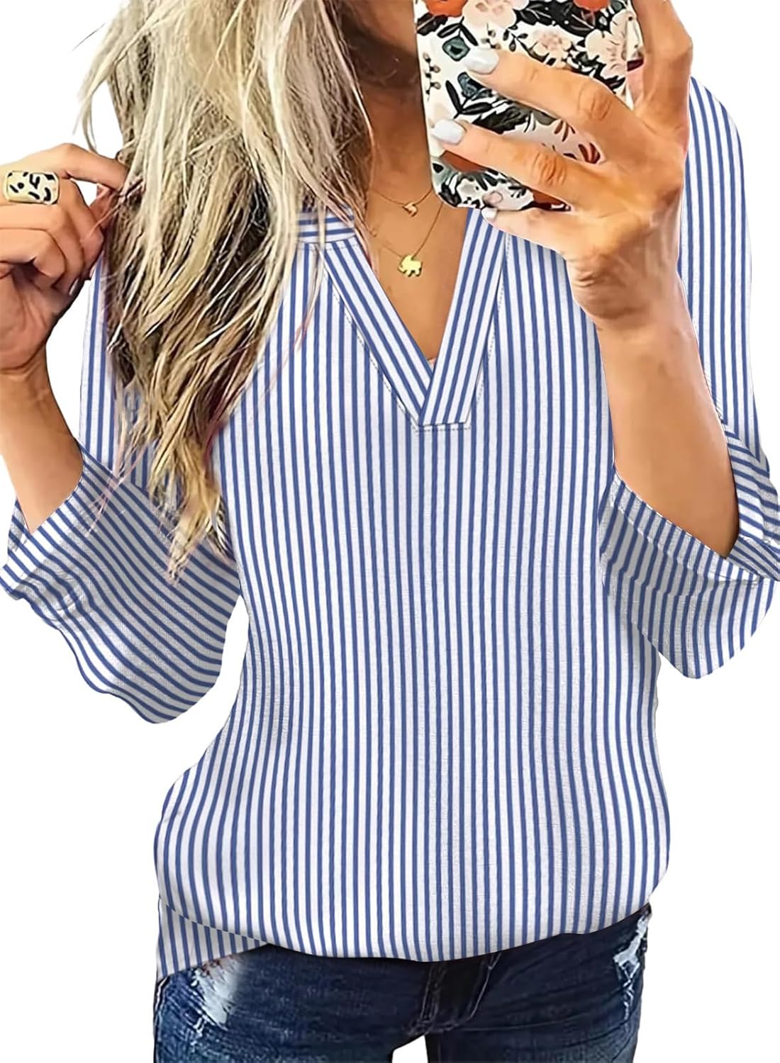 WIHOLL Womens Casual V Neck Rolled Long Sleeve Work Tops Blouses Shirts Fall Outfits