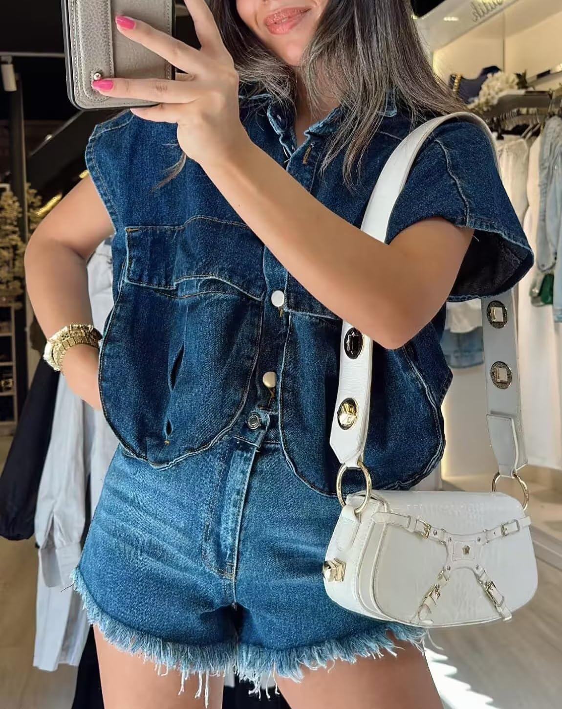 Hotmiss Womens Cropped Button Down Shirt Summer Collared Sleeveless Loose Denim Top with Pockets - Image 7