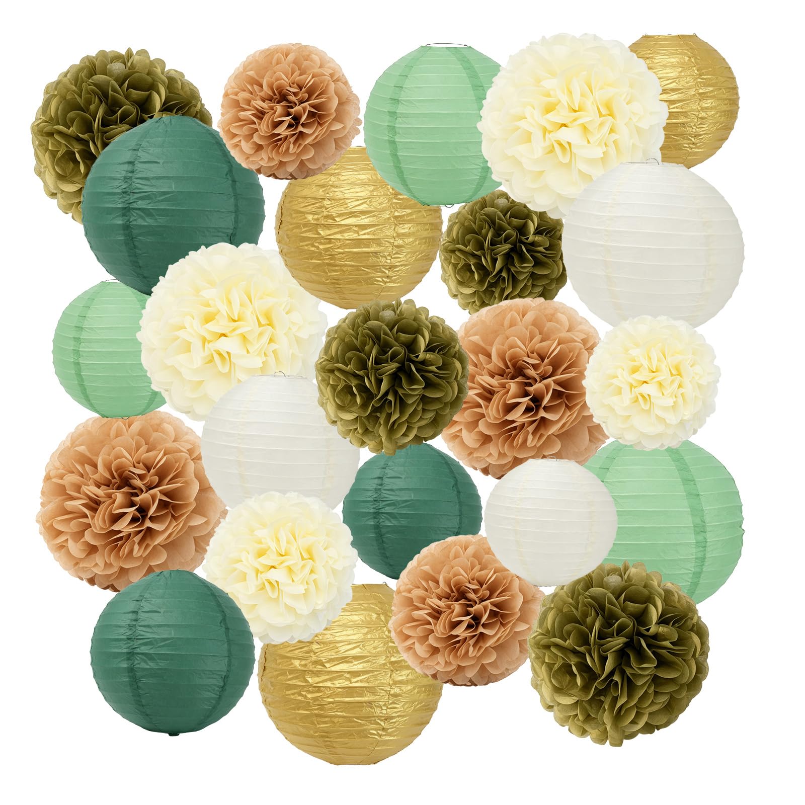 Photo 1 of IBEQUEM 24Pcs Sage Green Boho Party Decor Set, 12Pcs Tissue Paper Pom Poms +12Pcs Paper Lanterns Neutral Hanging Decor for Baby Shower Rustic Wedding Bridal Shower Birthday