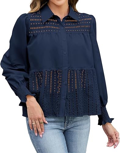 Eyelet Tops for Women Fall Smocked Lantern Long Sleeve Button Up Blouse Embroide