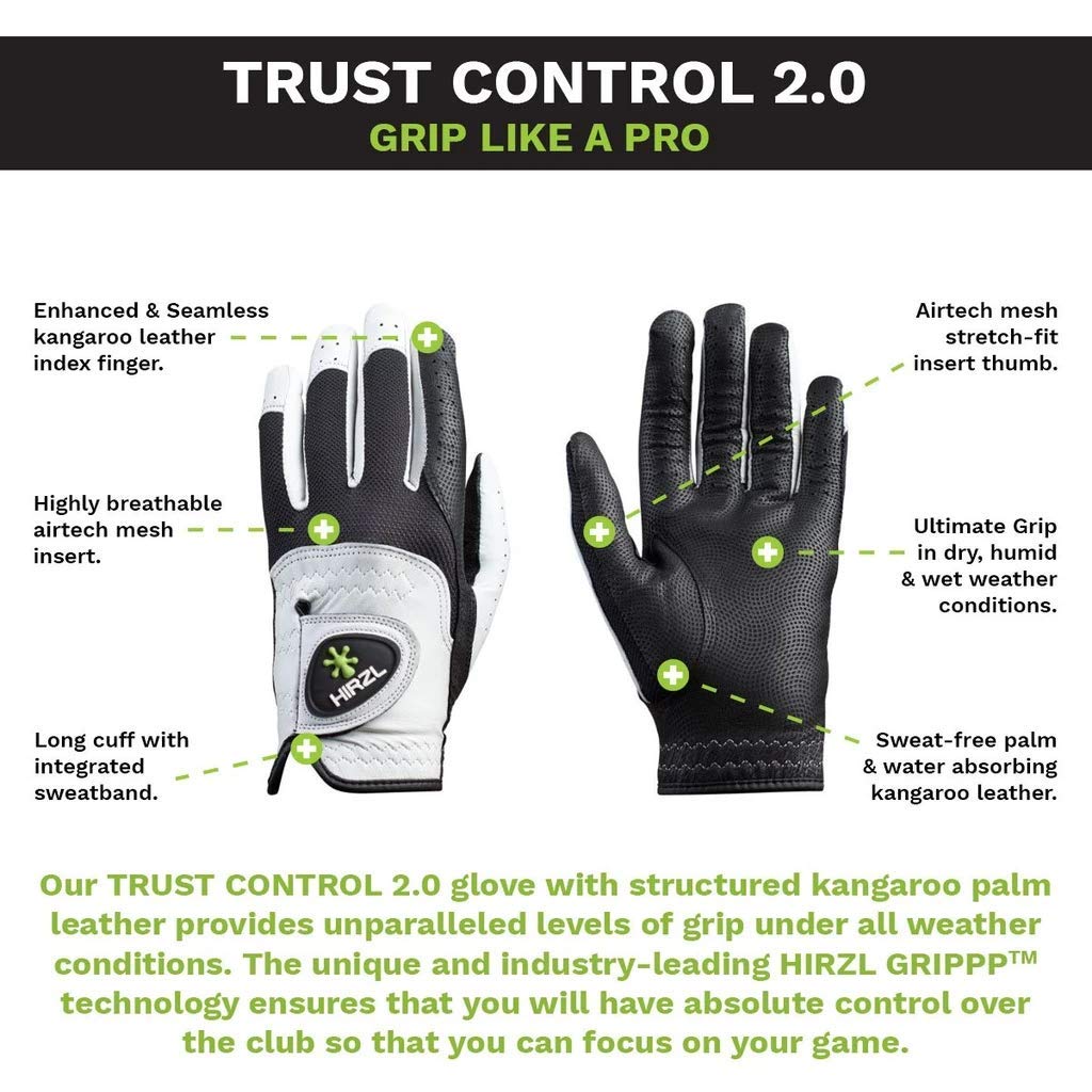HIRZL Trust Control 2.0 Ladies Golf Gloves, All Weather Womens Golf Glove (White/Black) | Kangaroo Leather Palm | Cabretta Leather Backhand | Trusted by Pros | Ultimate Grip, Small, Worn on Left Hand