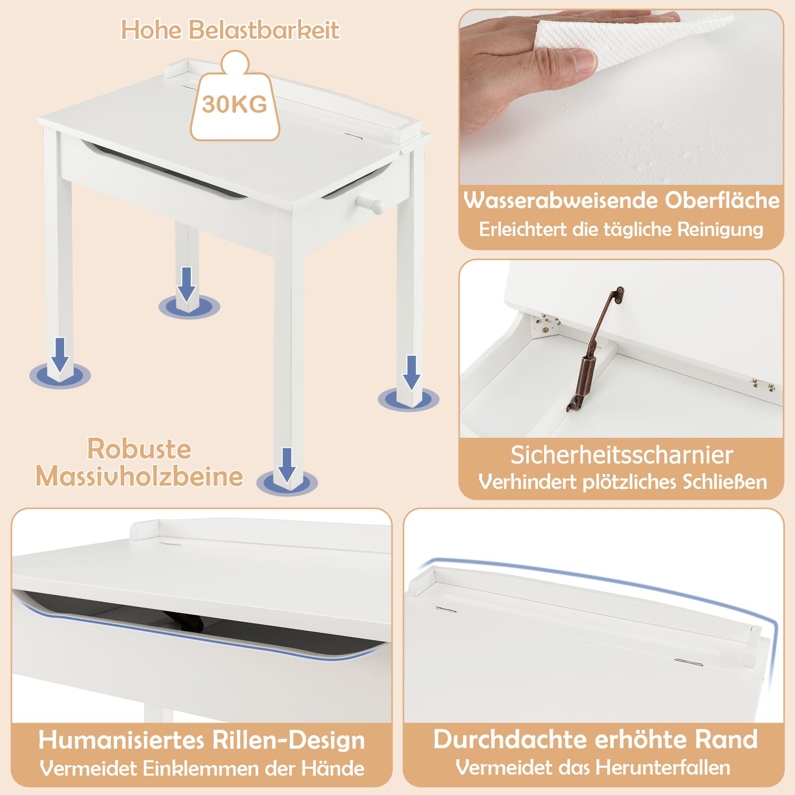 DREAMADE Kindertisch mit Stuhl, Kinderschreibtisch Kinder Schreibtisch aus Holz, Kindersitzgruppe mit Stauraum & Stoffbox (Weiß)