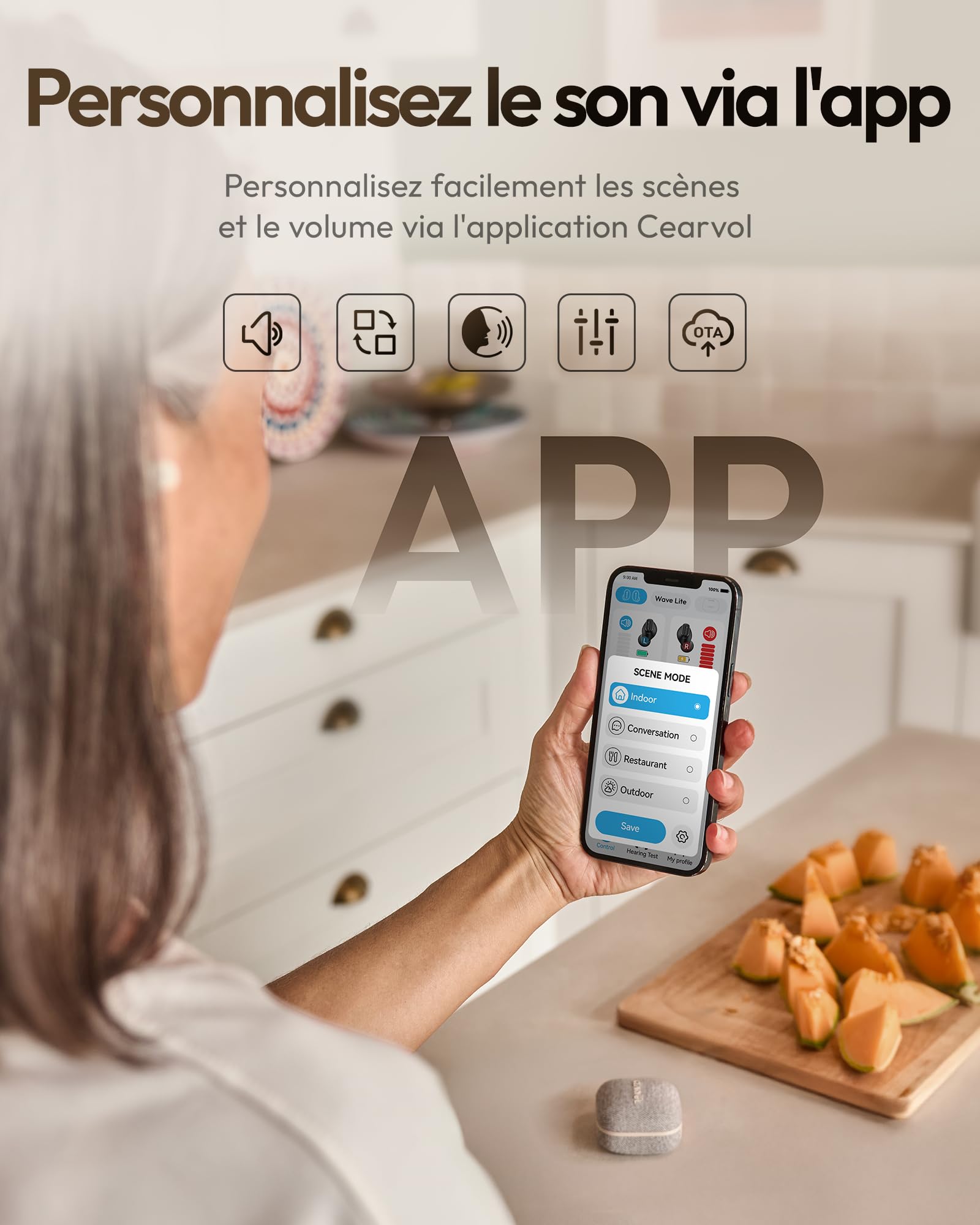 Wave Lite Amplificateur Sonore–Rechargeable, Bluetooth, Contrôle via application, Réduction du larsen, Entrée AUX, pour les personnes âgées, Lumière stellaire