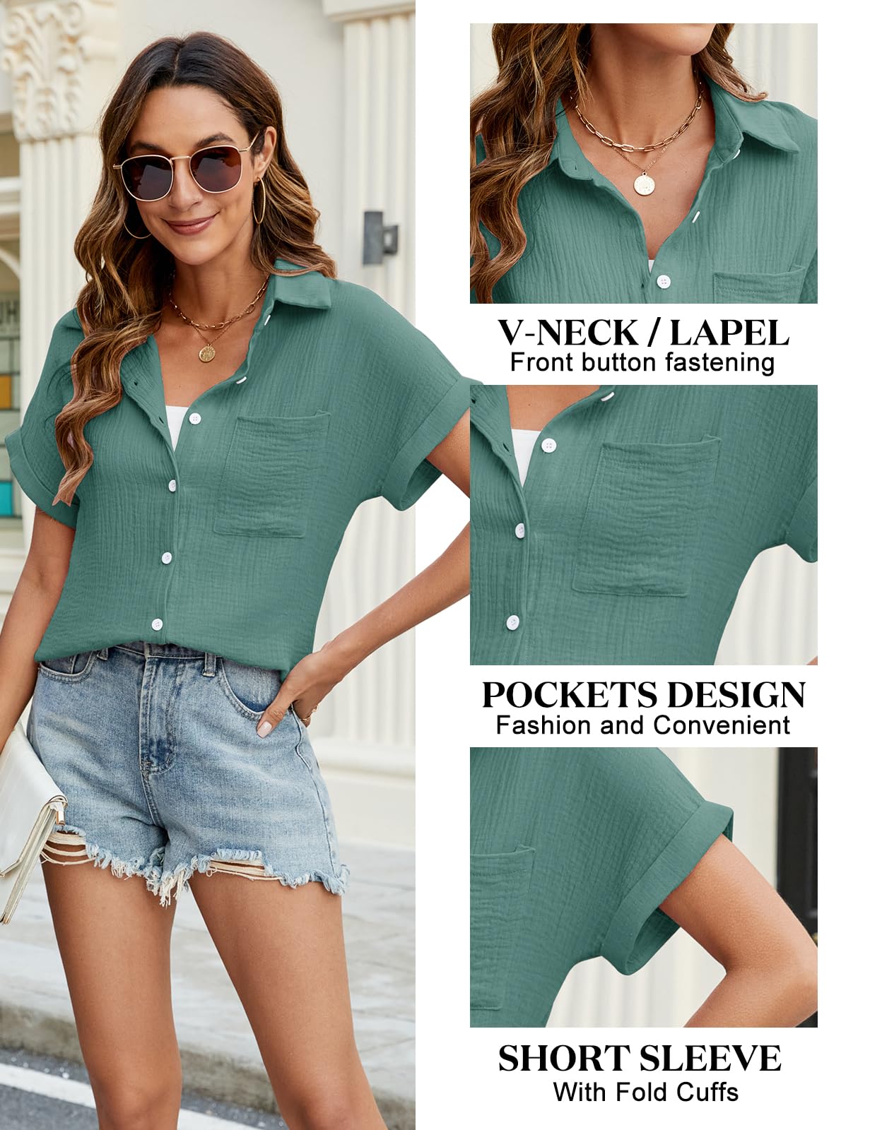 Chemisier pour Femme Chemise Élégante à Manches Courtes avec Col en V Chic Chemise Boutons en Coton Lâches Hauts Décontractés de T-Shirt Blouses