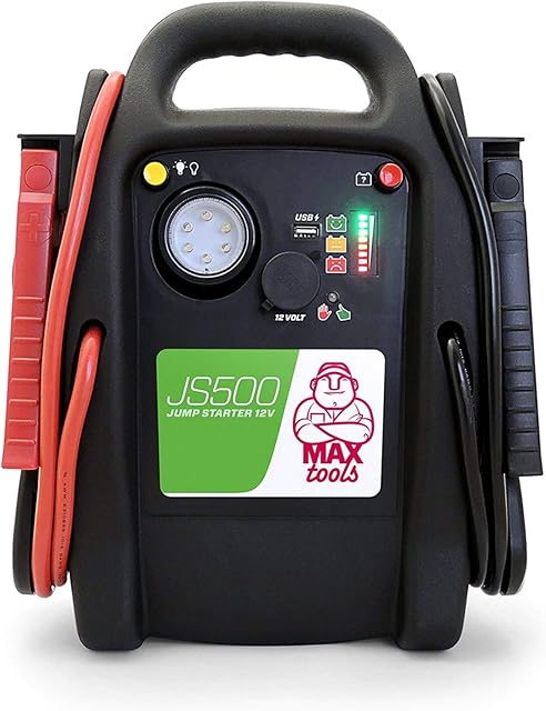 MAXTOOLS JS500-UK 2200 A 22 Ah, Professional Portable Jump Starter for Cars and Vans, Suitable for Diesel and Petrol Engines, with LED Torch, USB Port and Starter Cables