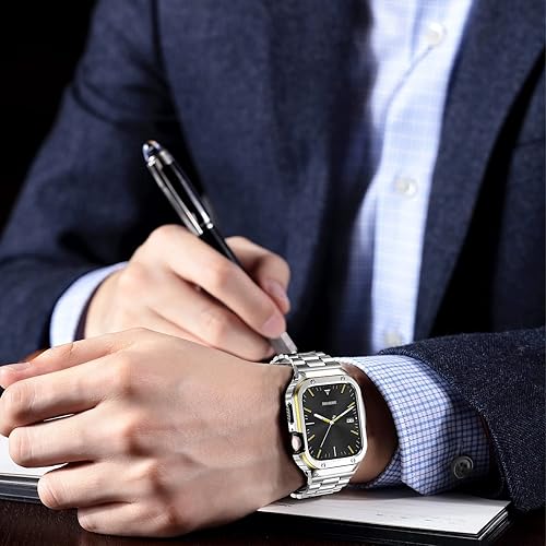 Miniatura 85 de MioHHR Correa y funda de acero inoxidable compatible con Apple Watch Band de 1.772 pulgadas, cubierta protectora de metal para hombres para iWatch