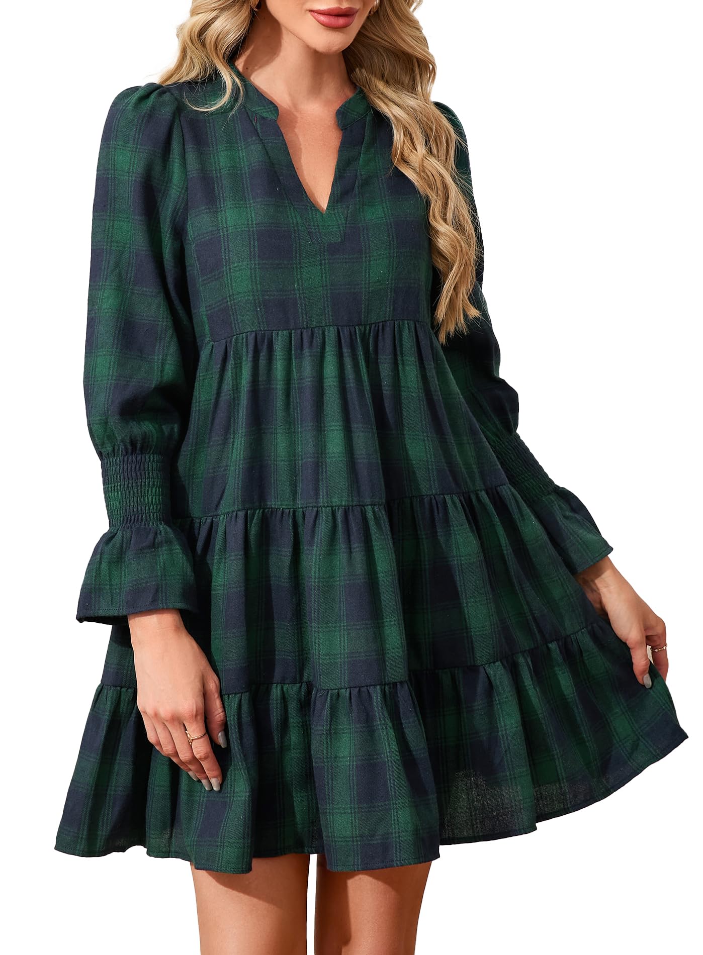Ladyful Womens Long Sleeve Plaid Mini Dress Vintage V Neck Tiered Checkered Babydoll Ruffle Flowy Dresses