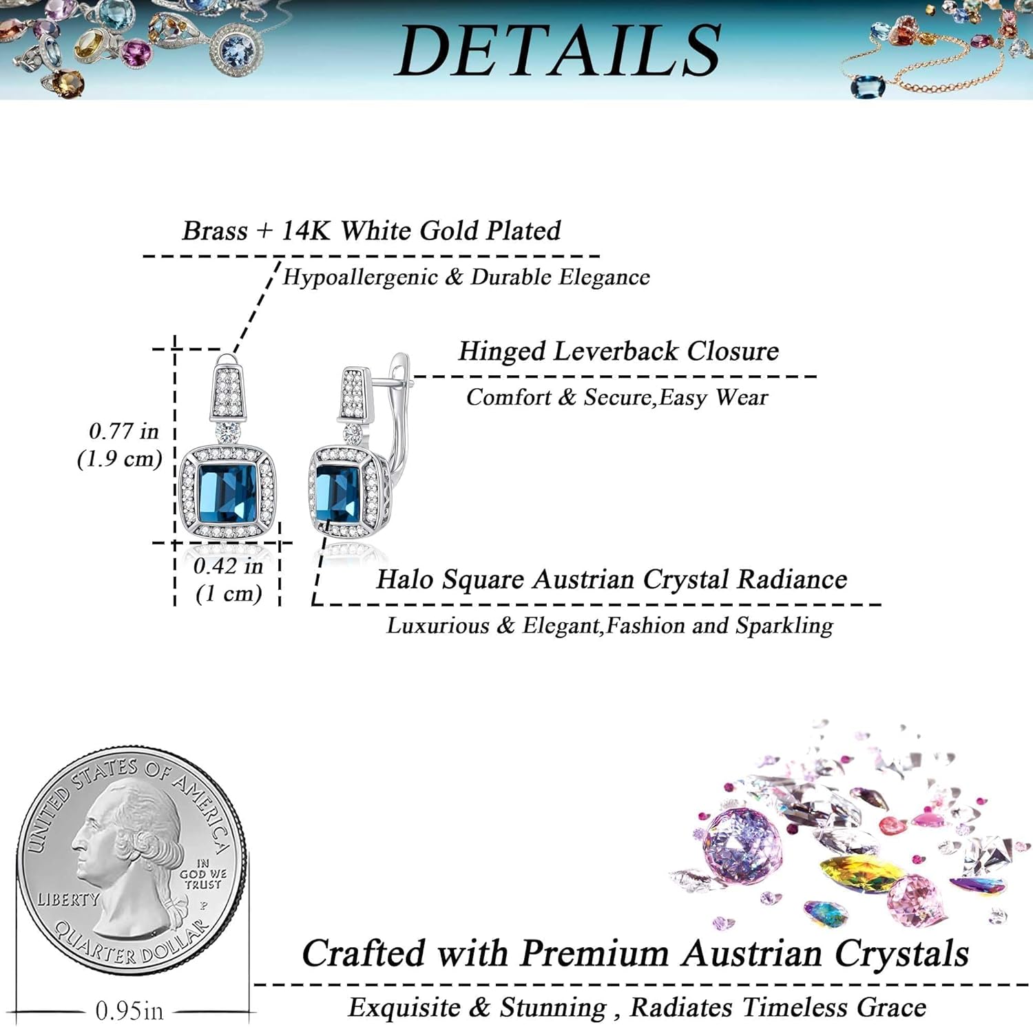 EVEVIC Square Austrian Crystal Earrings Halo Leverback Drop 14k White Gold Plated Earrings for Women Hypoallergenic Jewelry Gift - Image 4