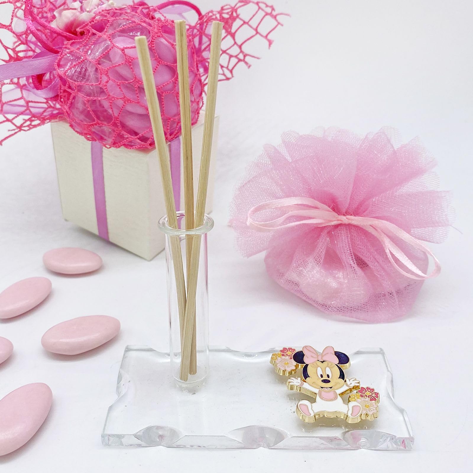 Doni Bomboniere 10 Bomboniera profumatore con fiala in Vetro con con Charm Disney di Baby Minnie Mouse con Tutina Rosa e Fiocco. Bombiera Nascita, Battesimo, Primo Compleanno Bimba (Senza Incisione)
