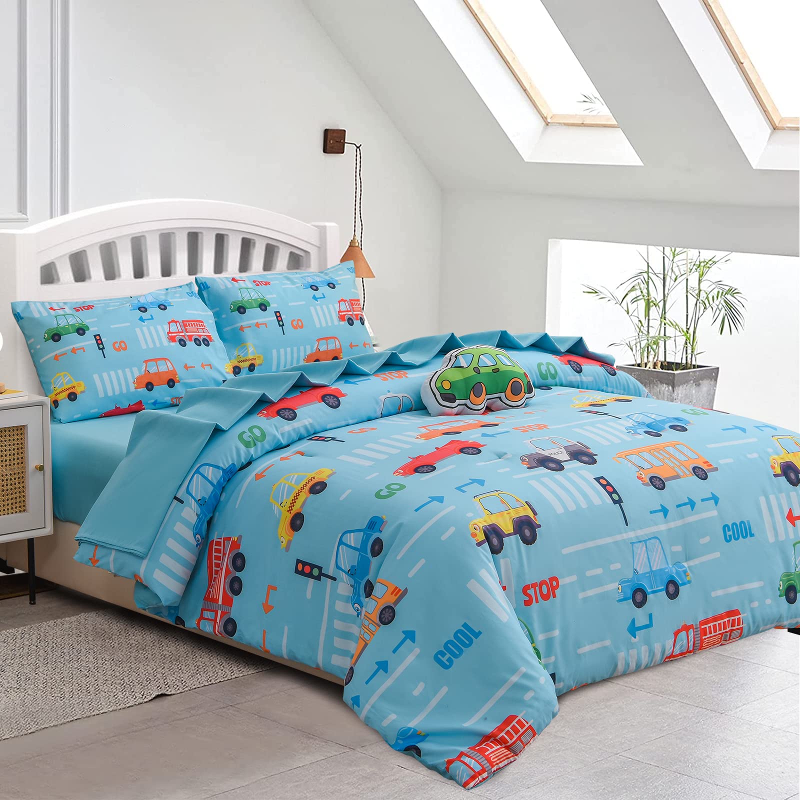 Cute Bus Theme 5-Piece Baby Sleeper Set Blue & Brown