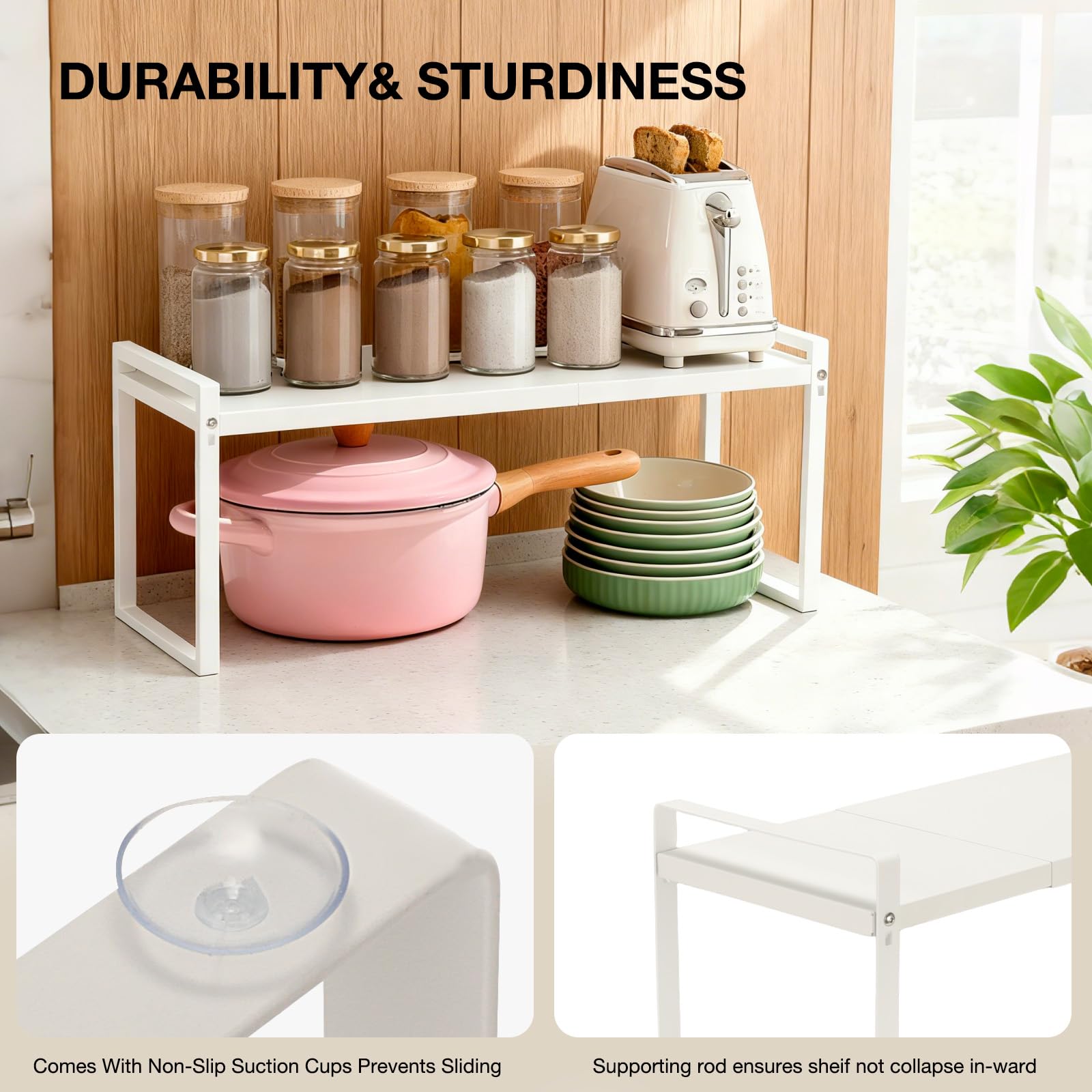Cozary Estantería de Cocina Extensible (37-63cm), Metal Estanteria Cocina, para Utensilios, Aperitivos o Libros, más Espacio de Almacenamiento, para Armarios de Cocina y Encimeras, Despensa, Blanco
