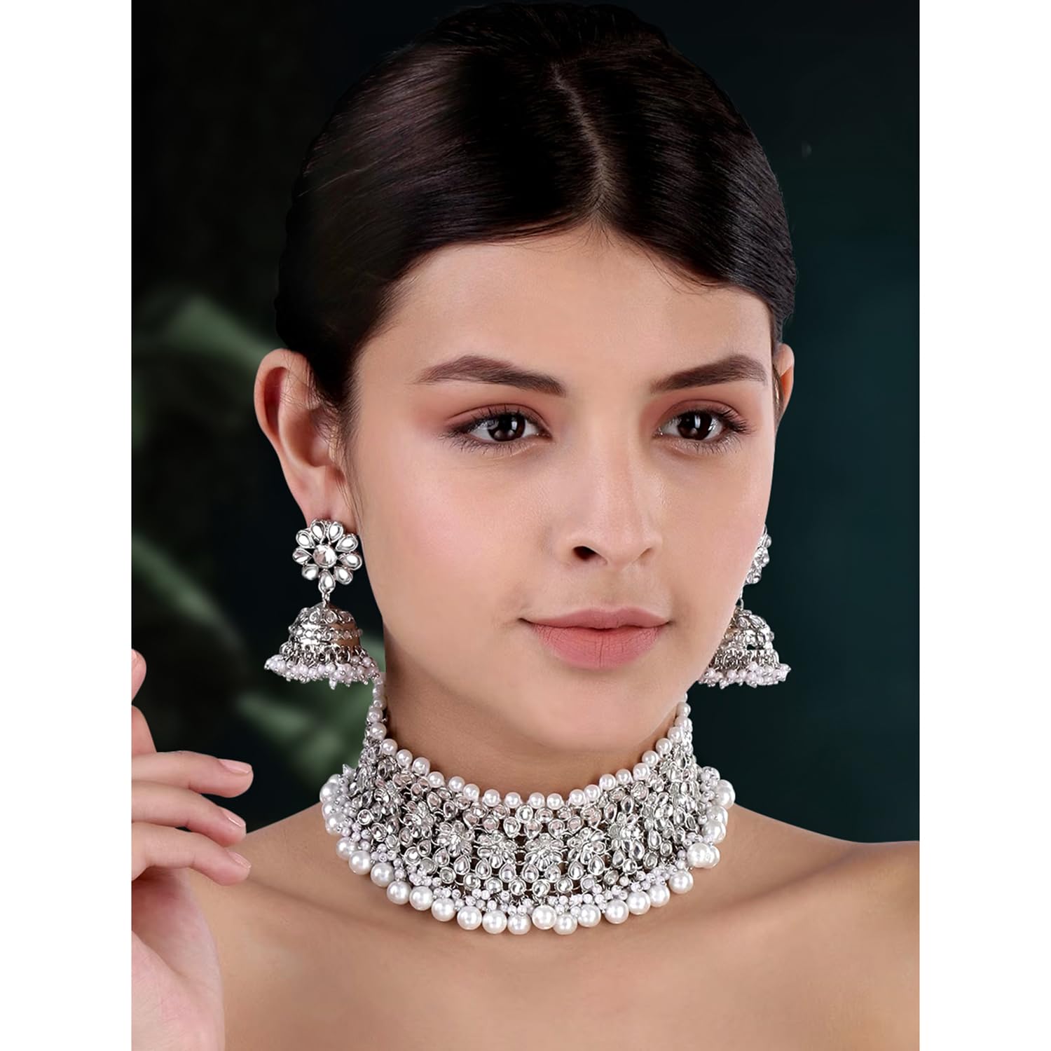 Peora Silver Rhodium Plated Traditional Kundan Choker Necklace Jhumki Earring Set for Women Girls
