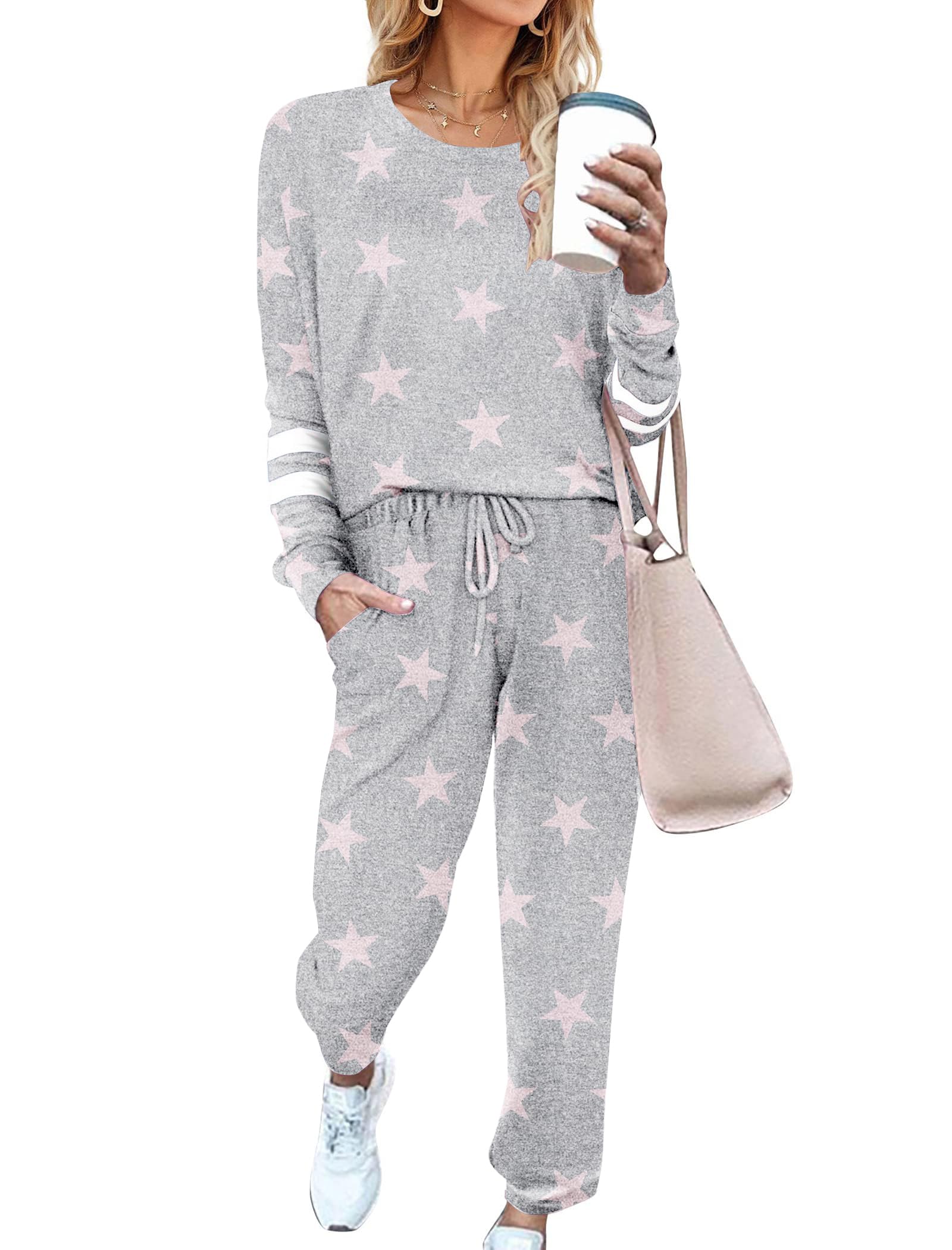 Ekouaer Sweatsuits Womens Loungewear Set Tracksuit Long Sleeve Pajamas Set | Soft &amp; Breathable, 2 Piece Outfits Lounge Sets with Pockets, Contrast Color, Casual Loose Style Pjs Jogging Set