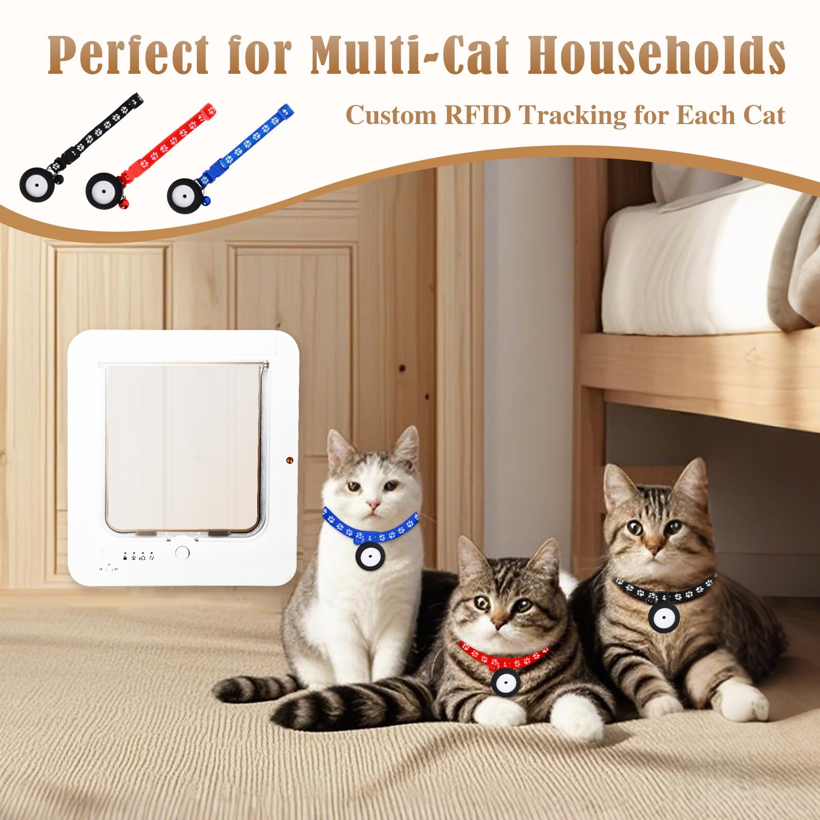 Puerta inteligente para gatos para interior y exterior, puerta de microchip para mascotas con 3 llaves de sensor de collar, 1 control remoto y solapa de bloqueo de 4 vías con sensor de collar RFID