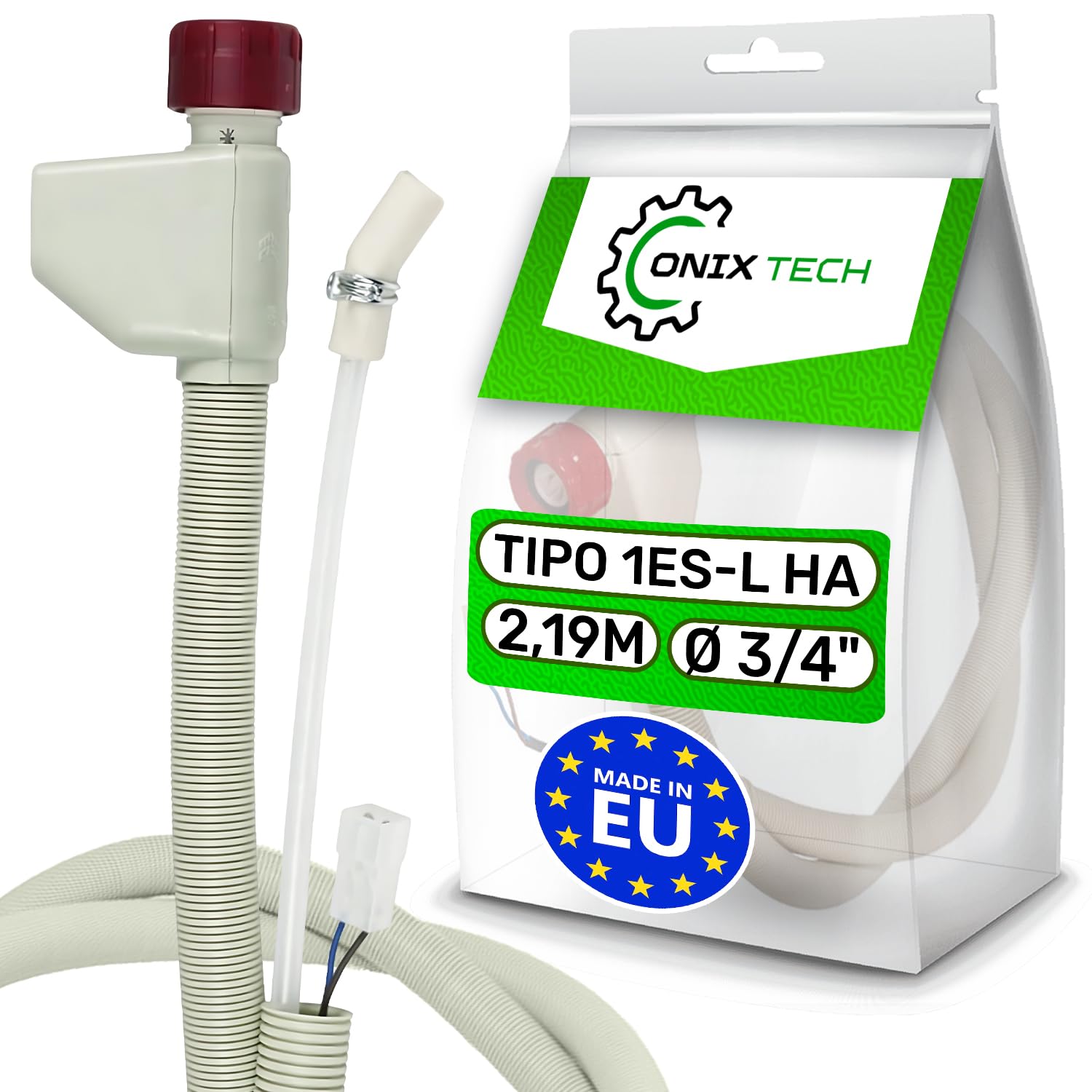Aquastop Schlauch Spülmaschine Typ 1ES-L Schlauchlänge 1,5 m Gesamtlänge 2,19 m Ventil Ø 3/4 Wasserstop Zulaufschlauch 1885090400 1760360100 für Beko - MADE IN EU - ONIX TECH