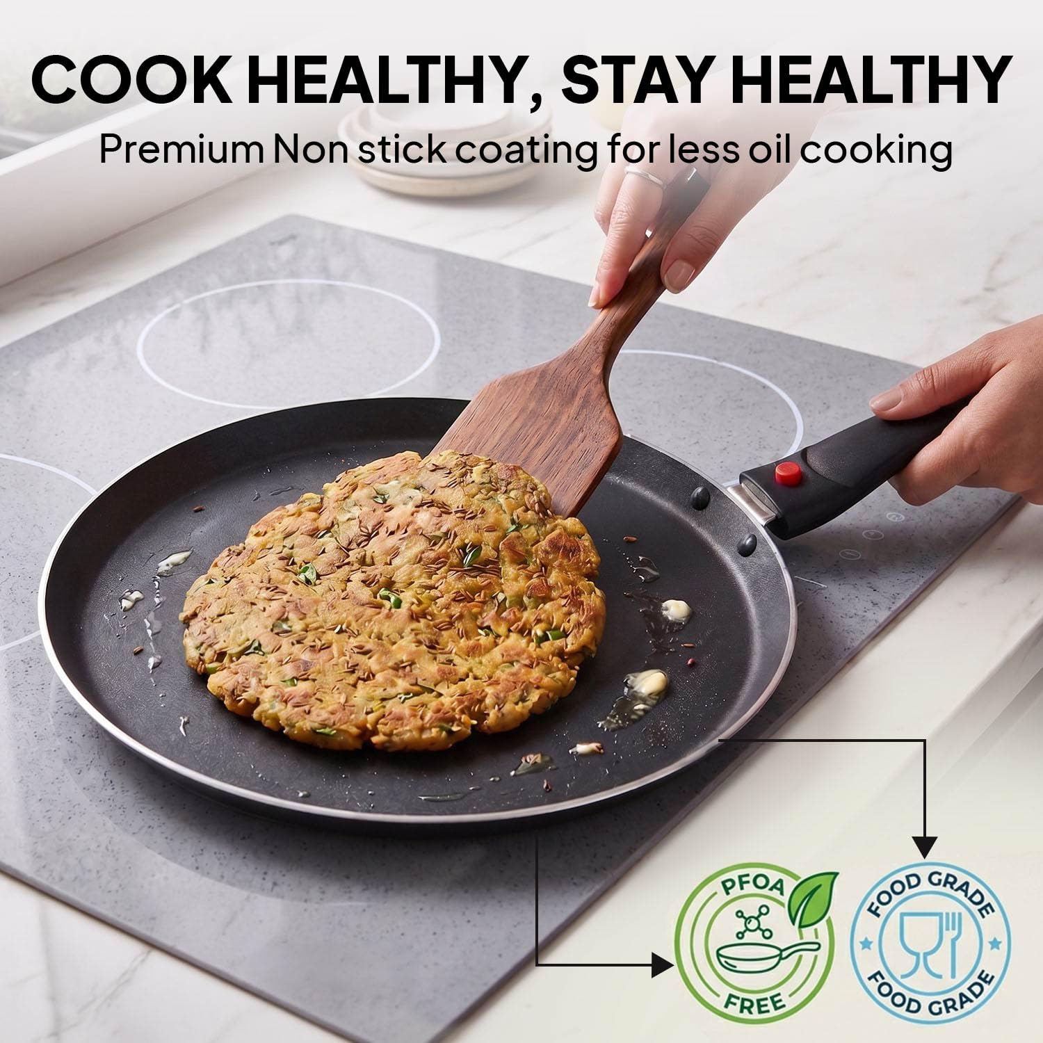 CELLO Aluminium Non-Stick Induction Base Dosa Tawa with Detachable Bakelite Handle 28 CM Black | Heavy Base, PFOA Free & Dishwasher Safe, Gas Stove & Induction Compatible | Perfect For Roti Dosa Chila 3