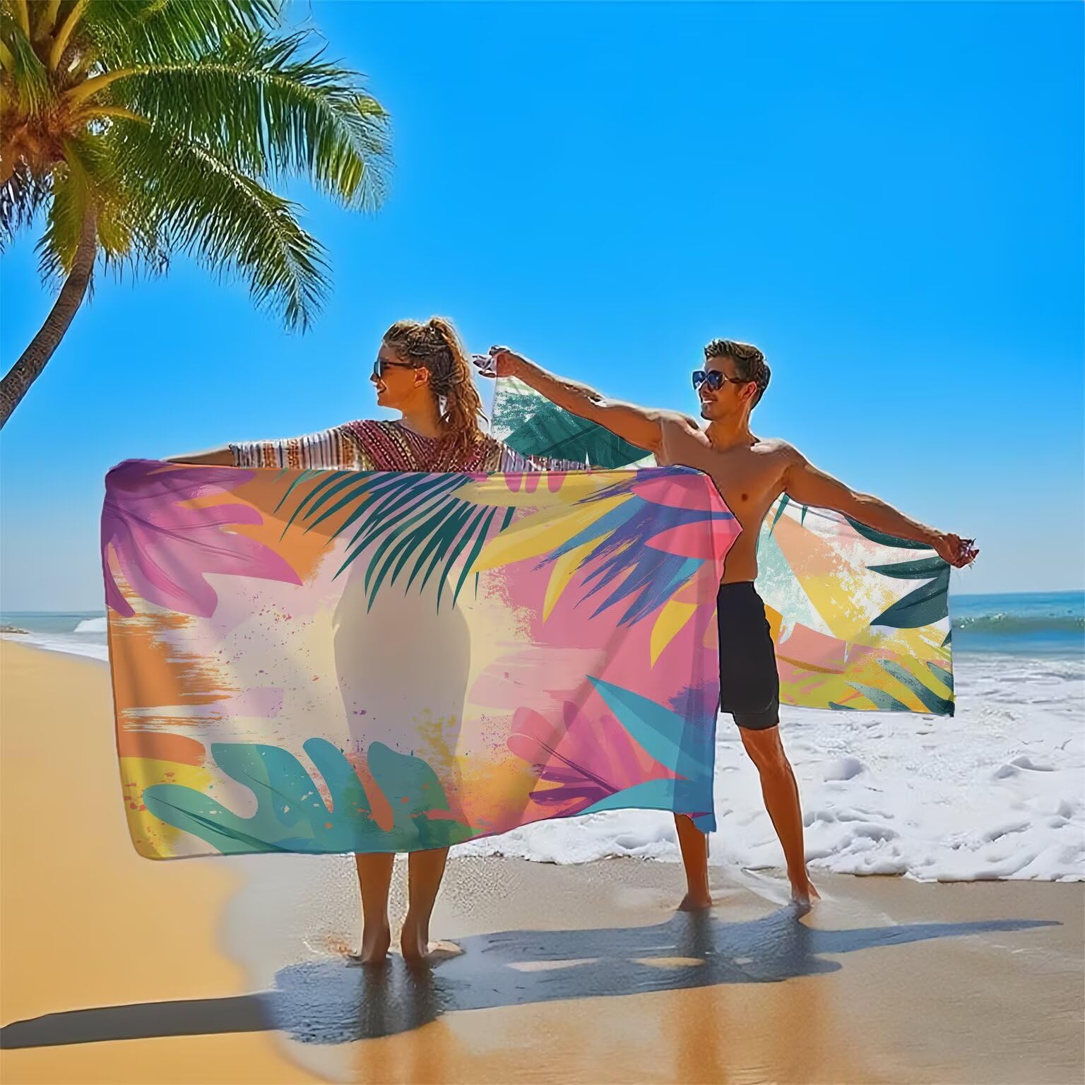 Model273 Ręcznik plażowy, 90 x 200 cm, tropikalny ręcznik plażowy z mikrofibry, w liście, duży, chłonny, szybkoschnący, lekki, bez piasku, do sauny, z zatrzaskiem, do pływania, na plażę, w podróż,