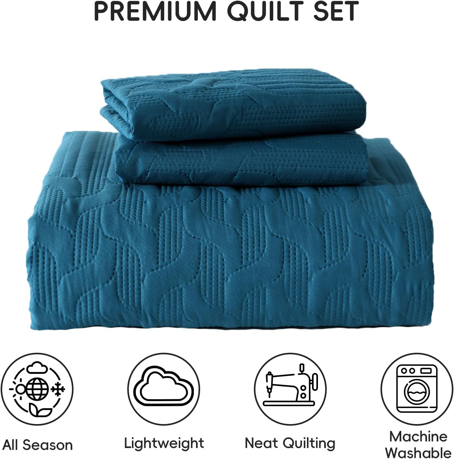 Yiran Teal Blue Quilt Set Queen Size Lightweight Bedspread Ultrasonic Wave Pattern Soft Microfiber Coverlet for All Season Modern Style 3 Piece Bed Cover Sets with 2 Pillow Shams (96"x90")