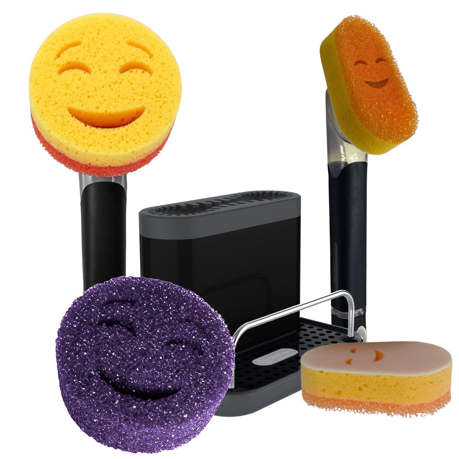 Smilyeez Caddy Combo, Sink Caddy, Smiling Handle, 2 Scrub Moji Sponges, Dishwand with 2 Mini Moji Sponges (Black)