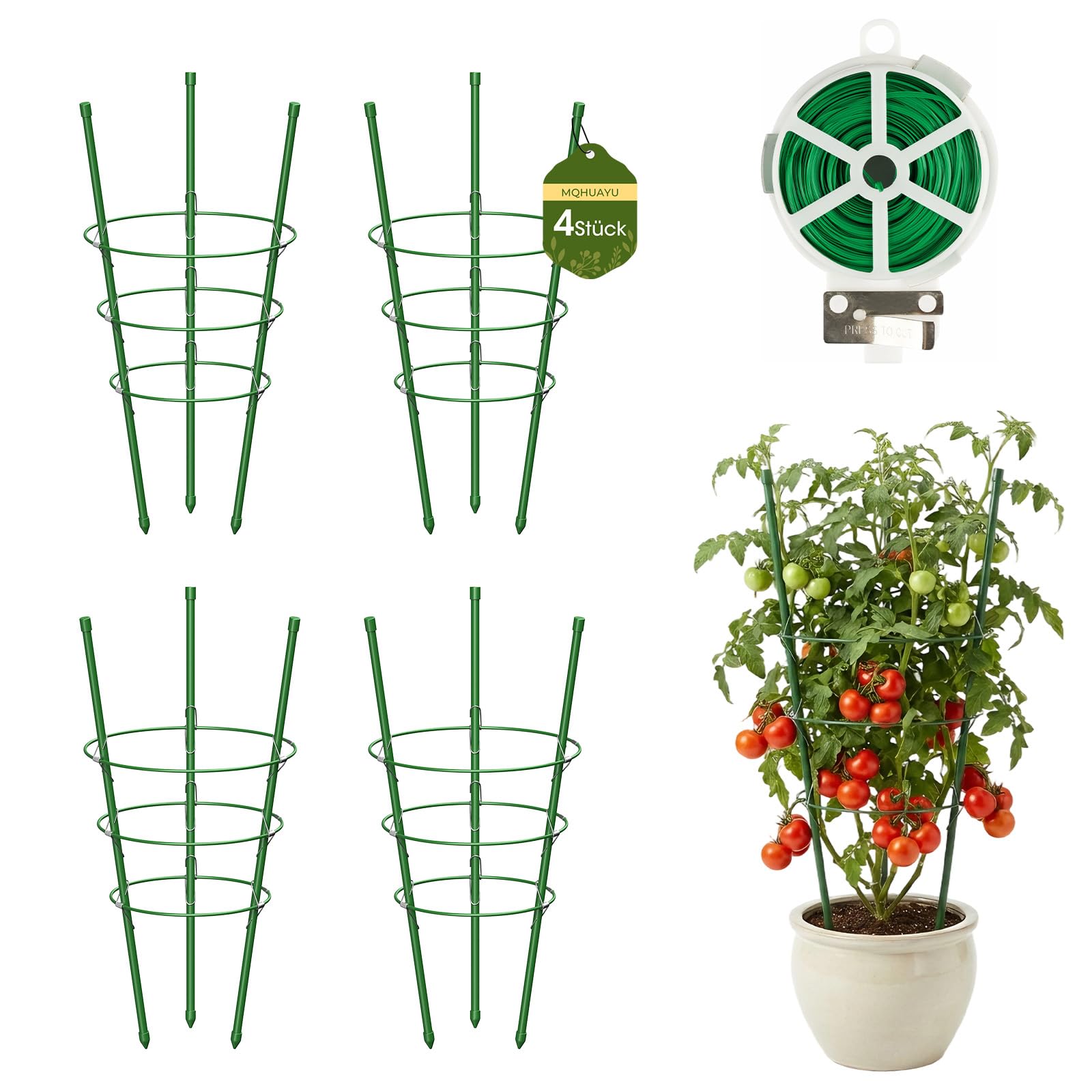 MQHUAYU 45cm Tomaten Rankhilfe 4 Stück, Metall Rankhilfe mit 3 Verstellbare Ringe, Rankstütze Kletterpflanzen, Tomatenkäfig Pflanzenstütze für für Tomaten Blumen Verwendet, Grün