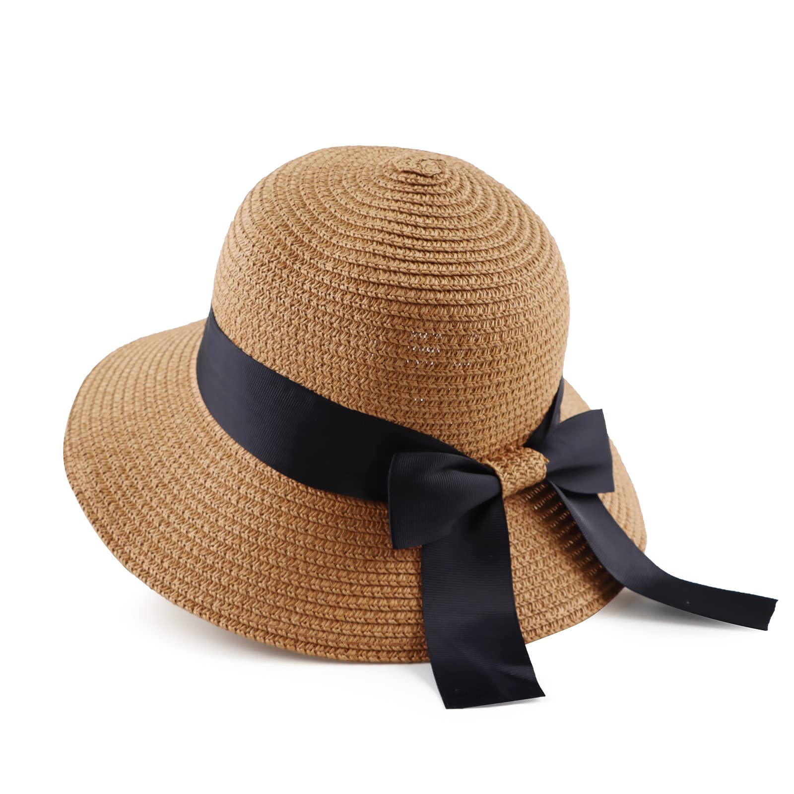 Zsedrut Women Straw Sun Hat Summer Beach Cap Foldable Visor Floppy Hats Wide Brim with Strap,Big Bowknot,Adjustable Size