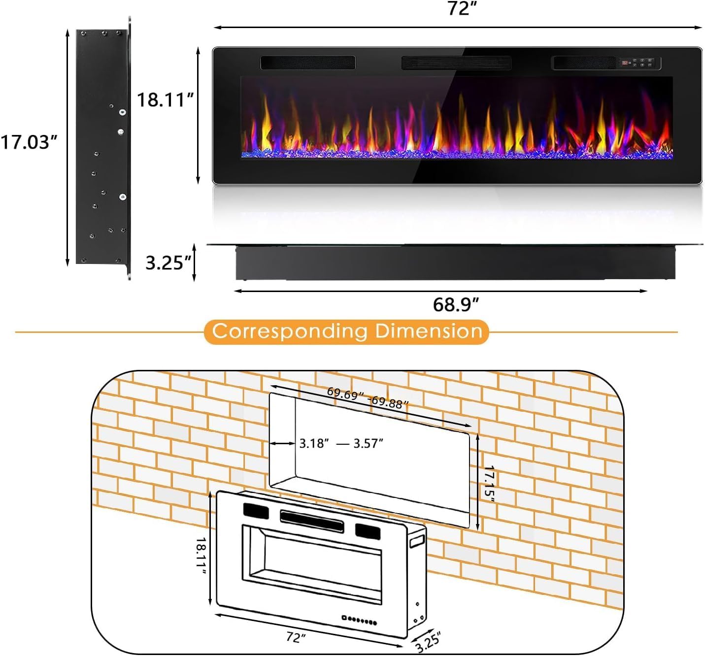 LEMBERI 72 inch Electric Fireplace Recessed and Wall Mounted,750/1500W Fireplace Heater and Linear Fireplace with Timer,Remote Control,Adjustable Flame Color and Speed