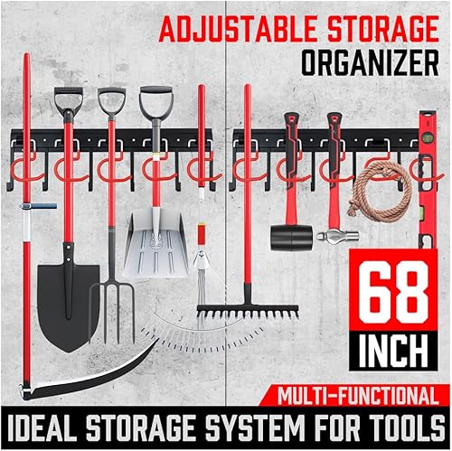 Miniatura 3 de Organizador de herramientas de jardín de metal de 68 pulgadas, sistema de organización resistente de pared de garaje y cobertizo, ganchos para pala,