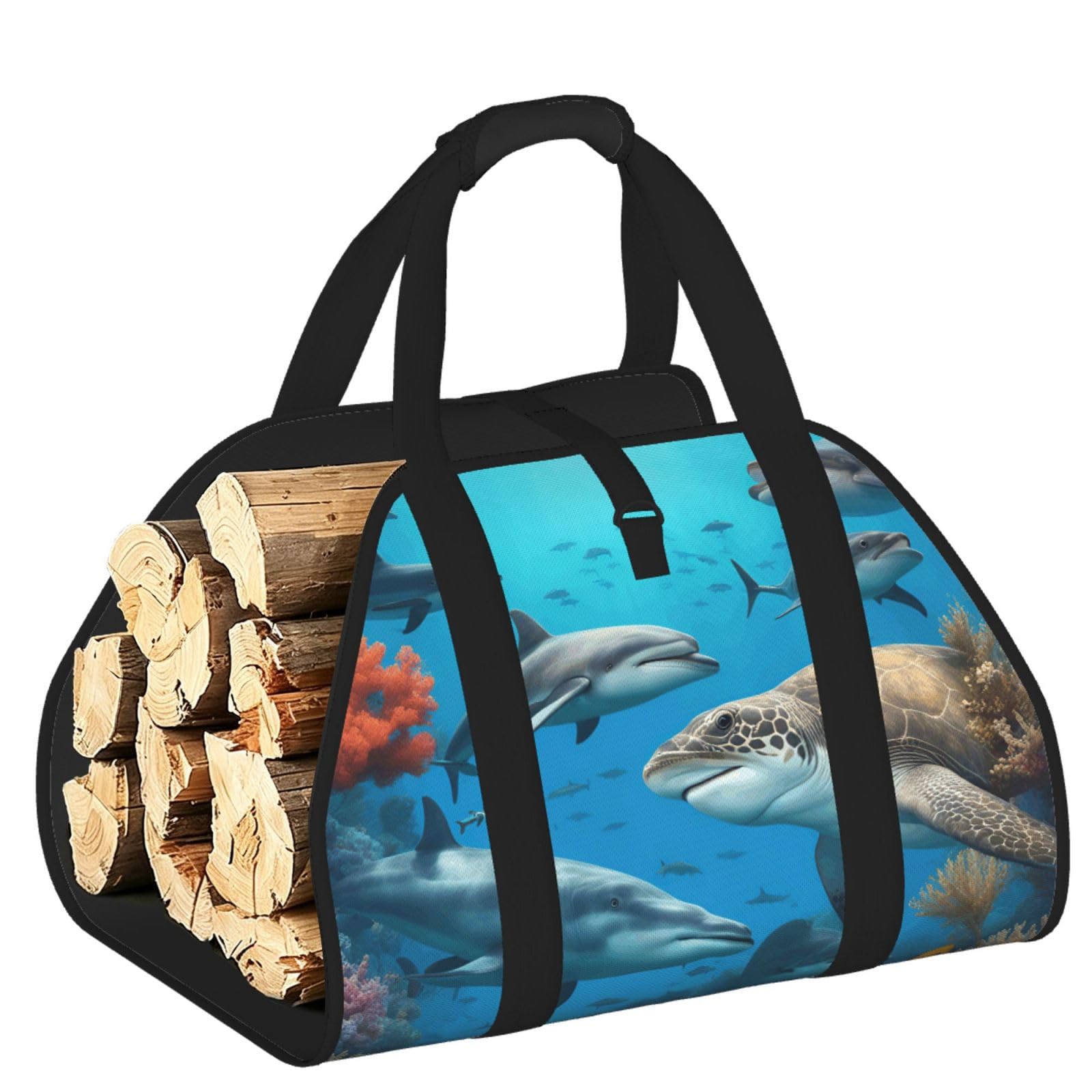 Dolphins Sea Turtle Shark Octopus Coral Reef Printed Firewood Carrier Bag, Log Tote with Open-Ended Design for Camping Outdoor Wood Hauling