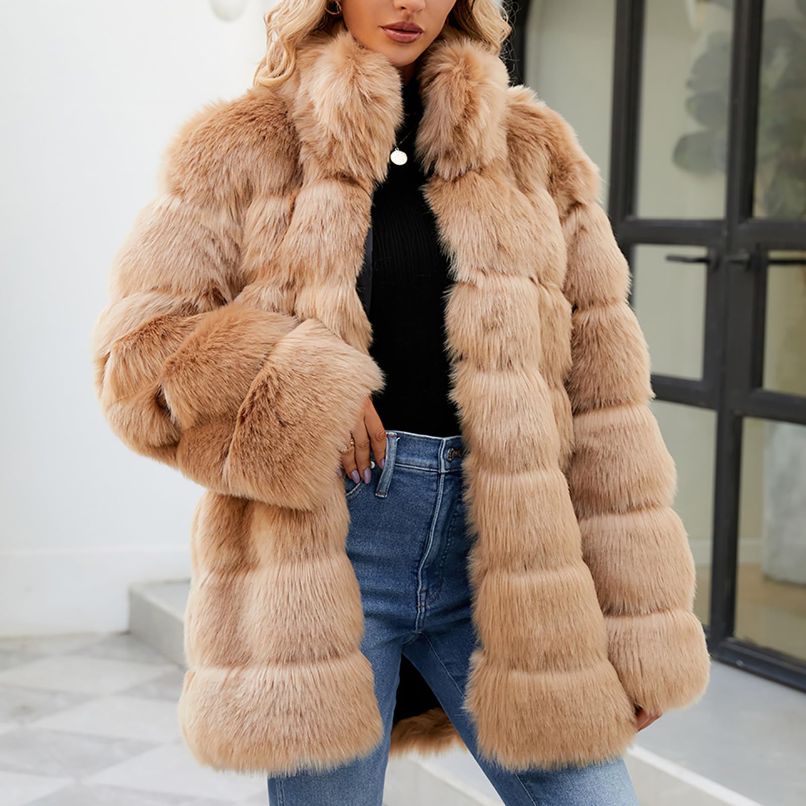 Chaqueta de piel sintética para mujer, elegante abrigo de piel lisa gruesa y cálida, chaqueta de invierno de piel sintética larga, abrigo de invierno de manga larga, abrigo de invierno de tallas